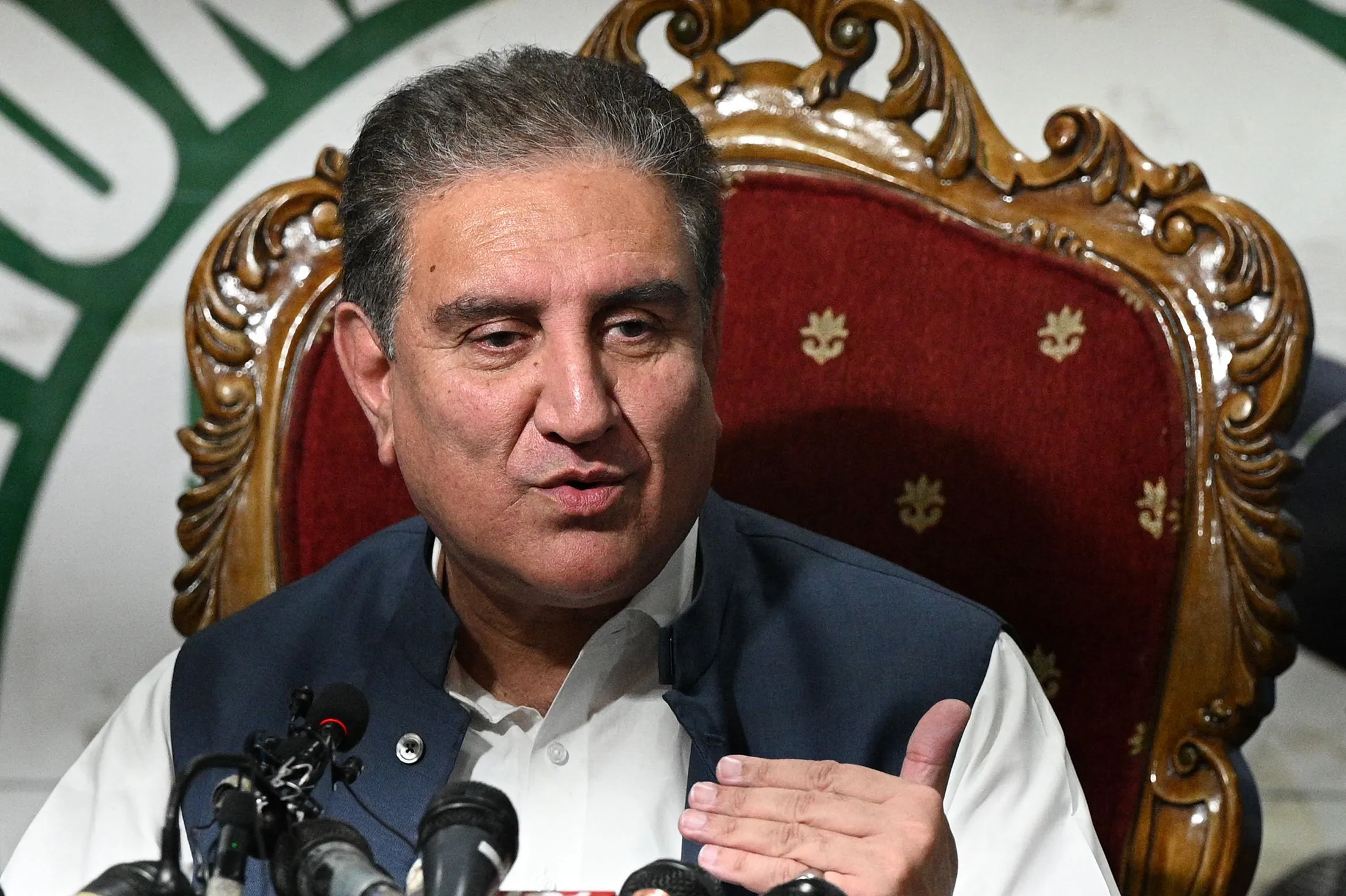 Shah Mahmood Qureshi speaks during a press conference in Islamabad on Aug.&nbsp;19.