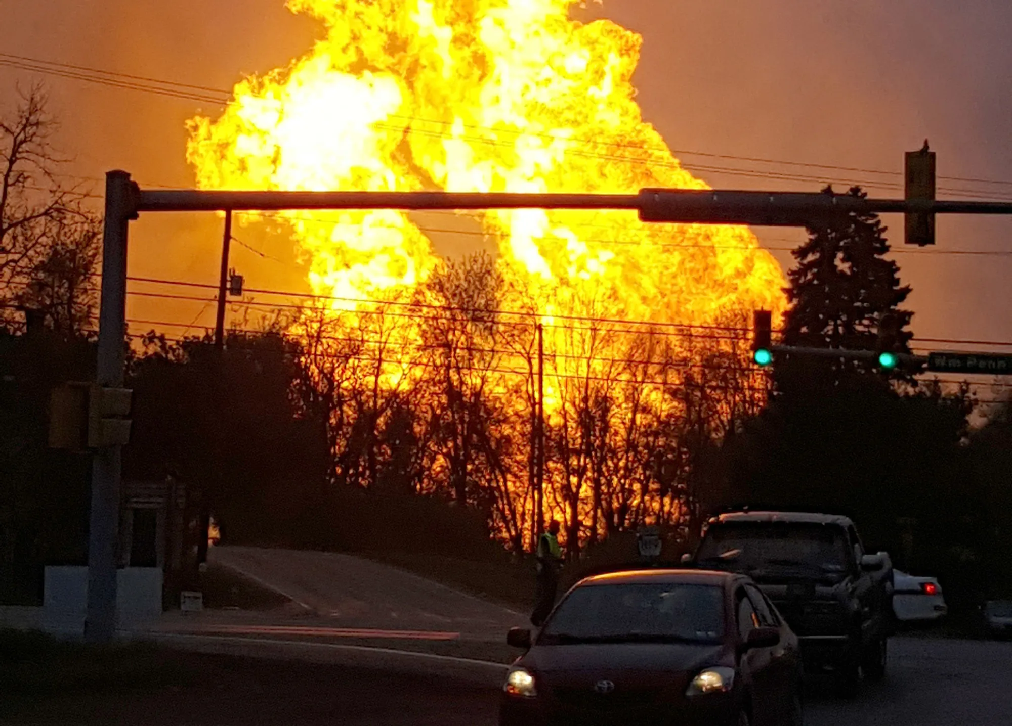 A natural gas explosion at a pipeline complex near Greensburg, Pennsylvania, on April 29, 2016.
