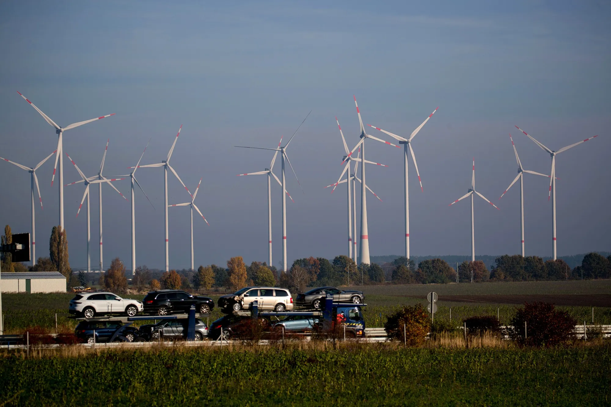A wind turbine farm near Fuerstenwalde, Germany.