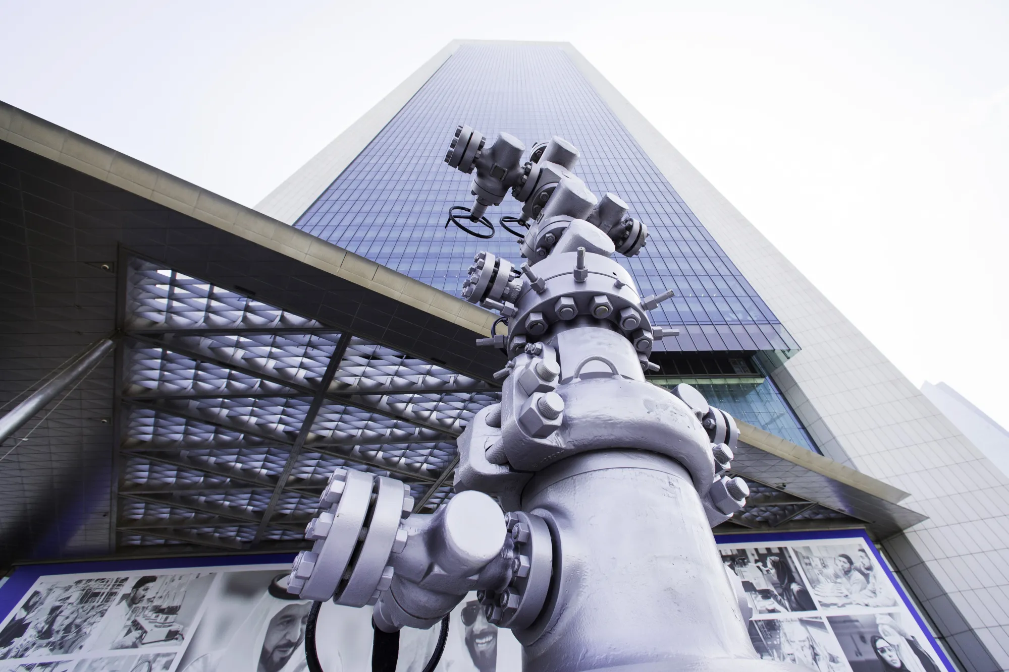 An oil pipeline control head sits on display outside the entrance to the Abu Dhabi National Oil Company headquarters.