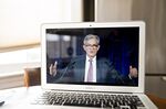 Jerome Powell speaks during a virtual news conference on April 29.
