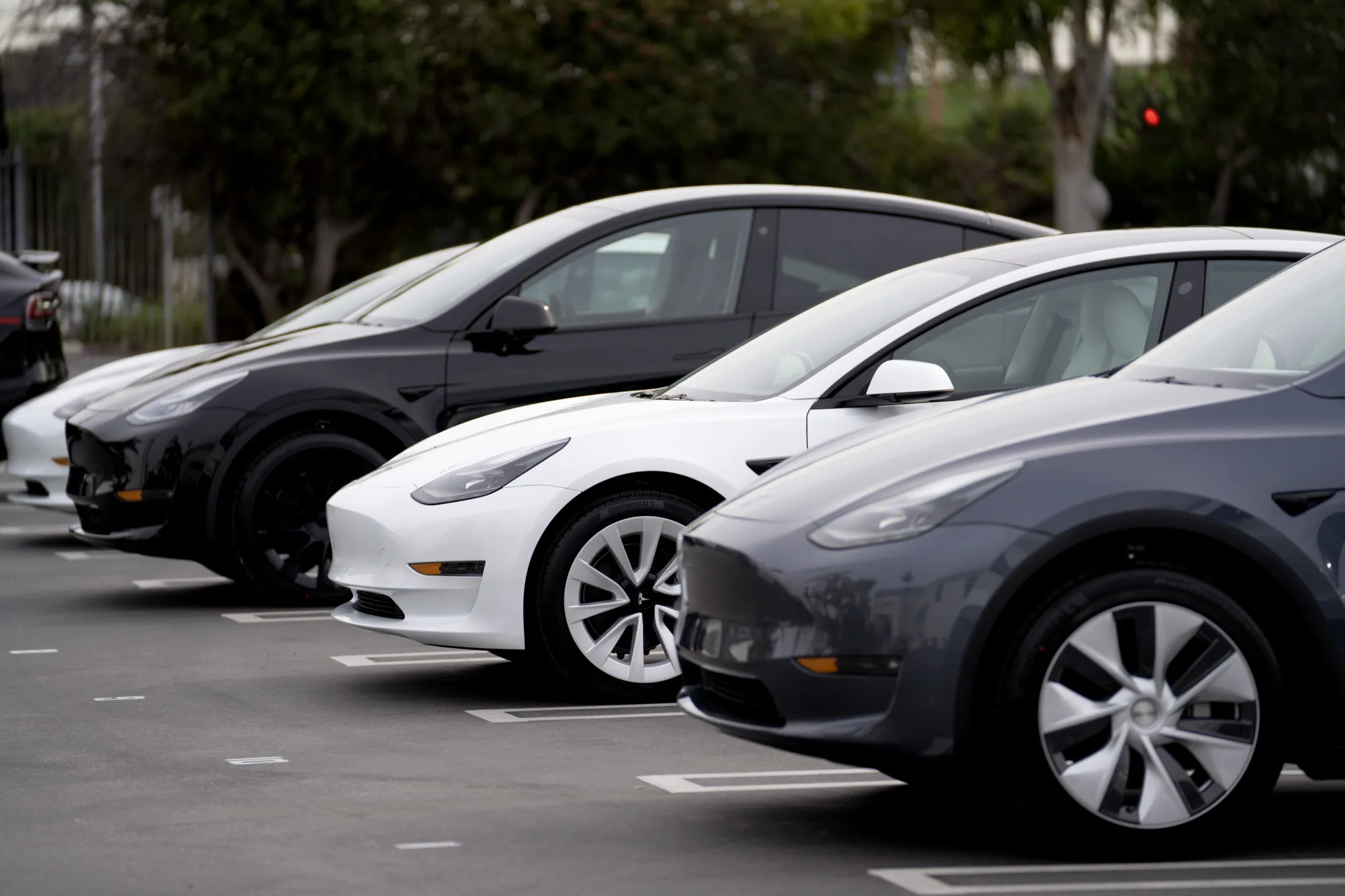 Tesla vehicles at a delivery center in Marina Del Rey, California.
