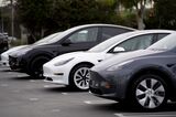 Tesla vehicles at a delivery center in Marina Del Rey, California.