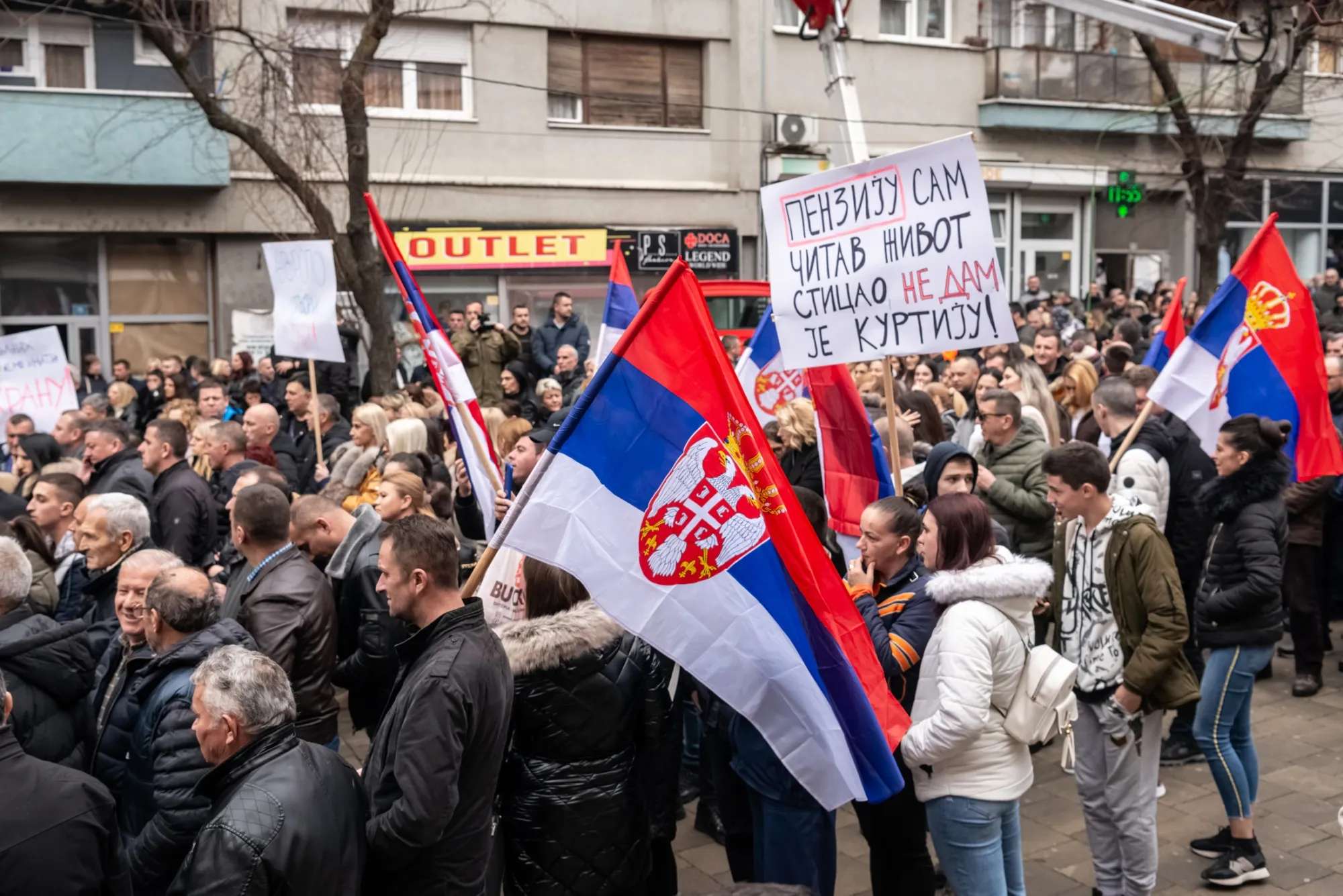 People protest the ban on the use of Serbian dinars&nbsp;in North Mitrovica, Kosovo, on Feb. 12.