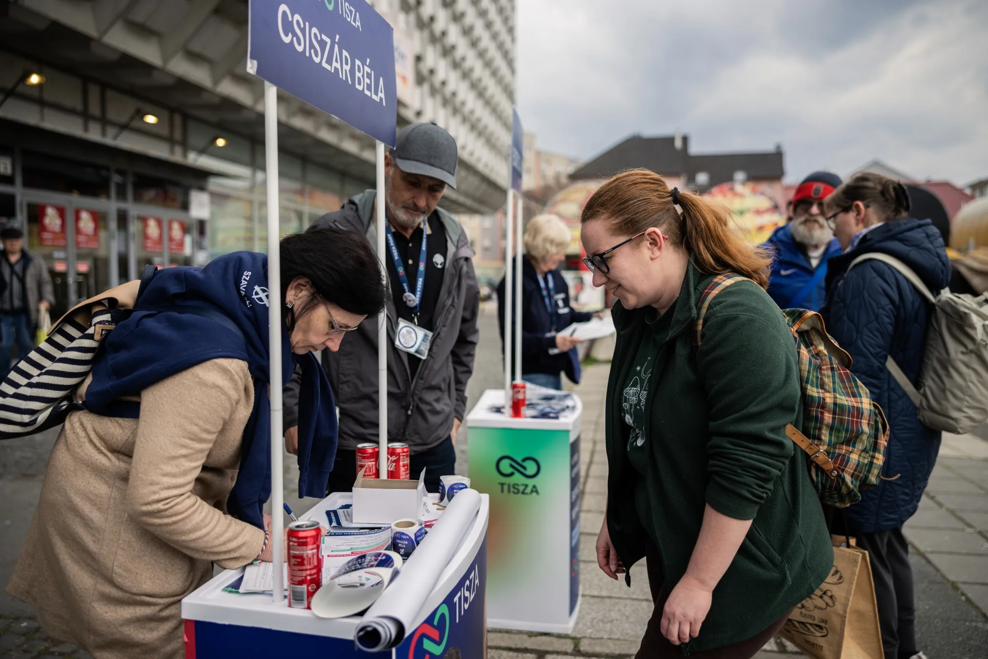 Tisza activists gather signatures in Szekesfehervar, Hungary, on April 2.&nbsp;