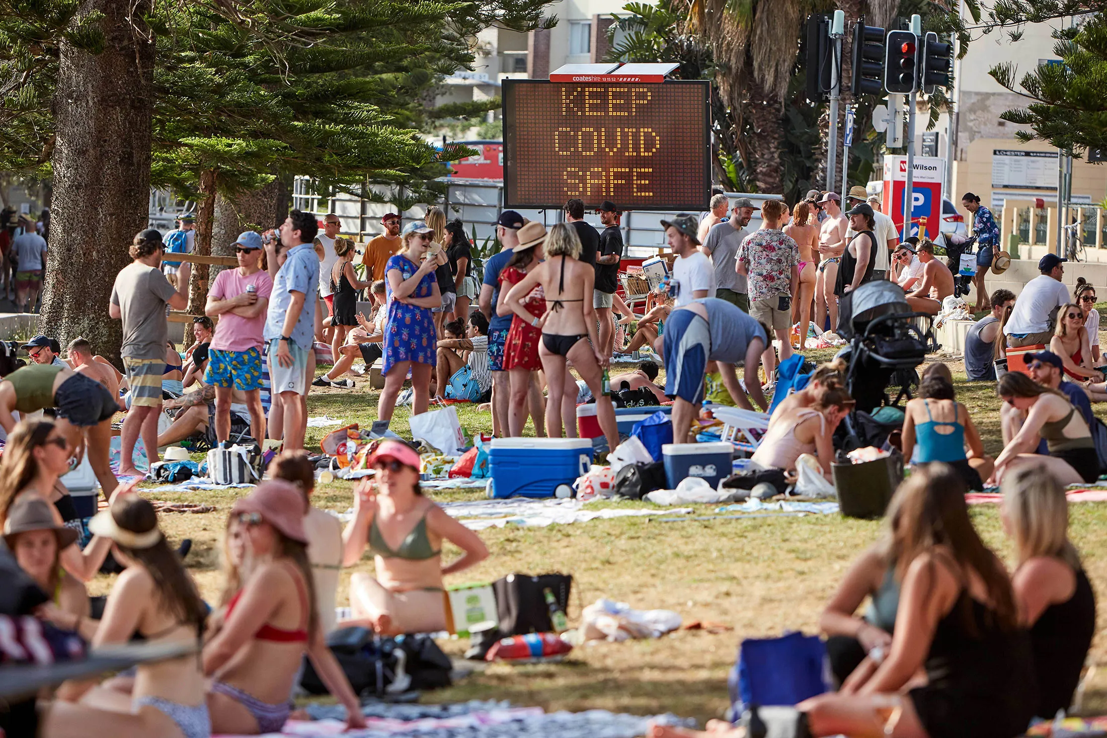 Covid-19 messaging at Sydney’s Bondi Beach in November 2020.