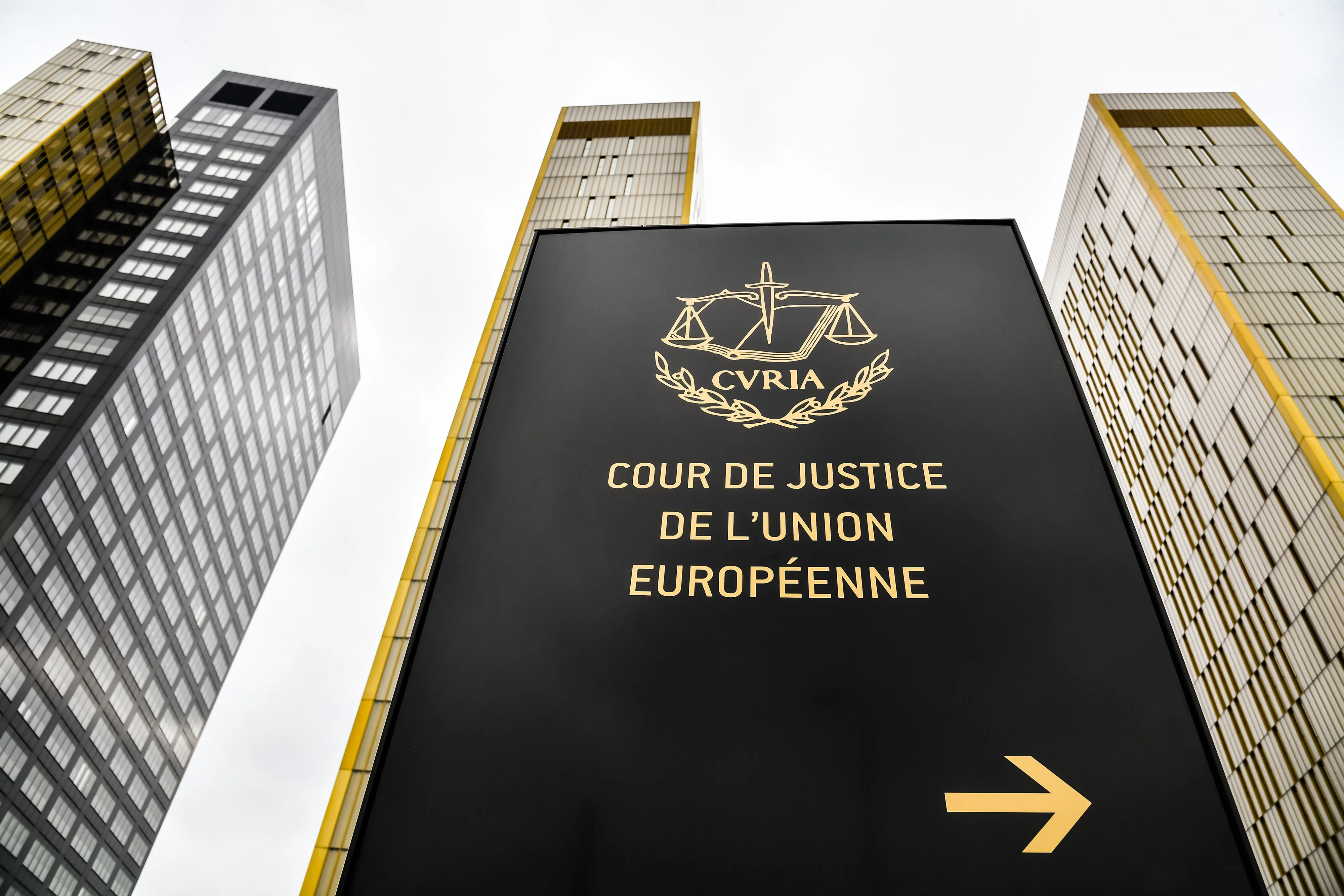 A sign stands outside the European Union Court of Justice buildings in&nbsp;Luxembourg.