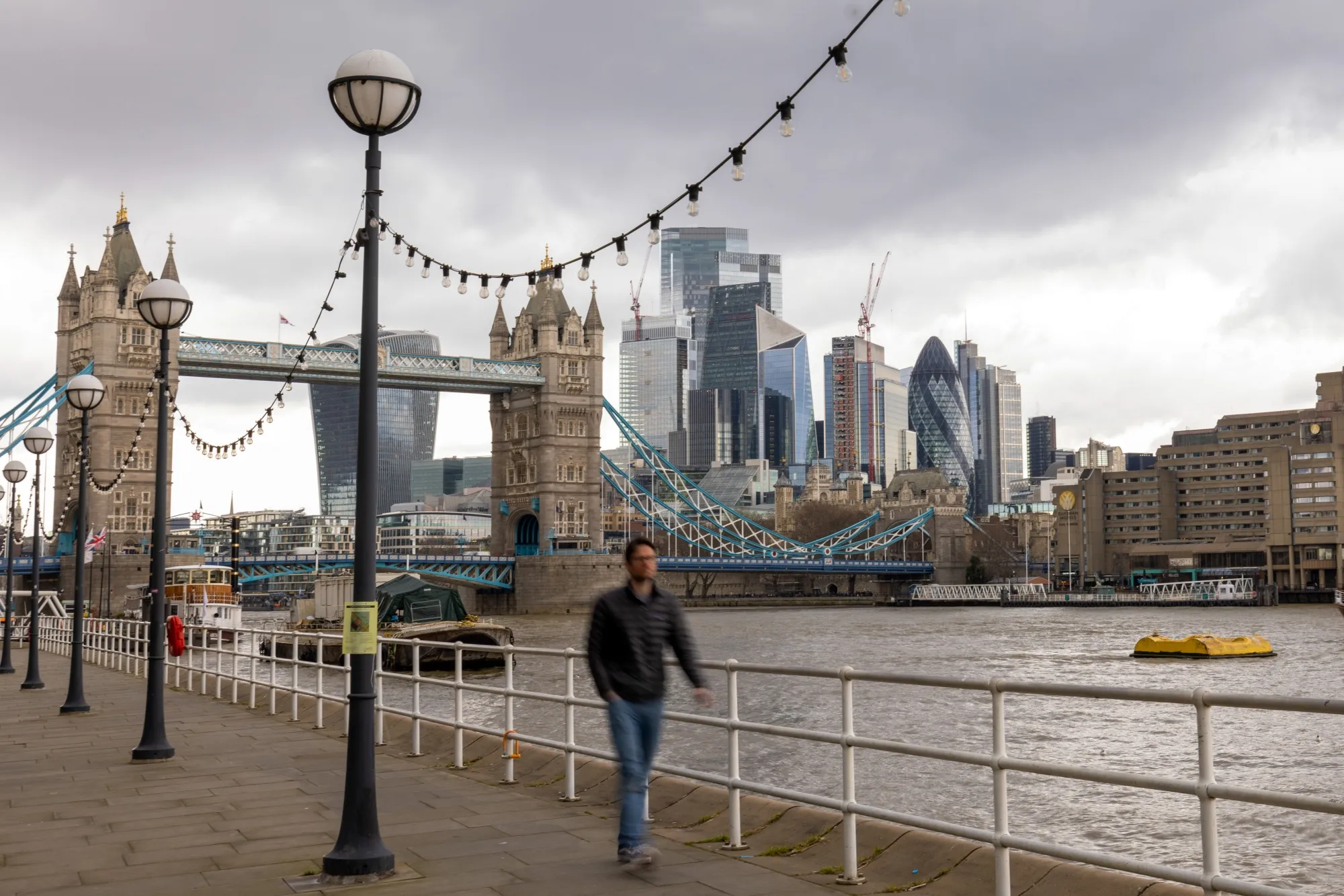 Skyscrapers and commercial buildings beyond Tower Bridge, on the skyline of the City of London.