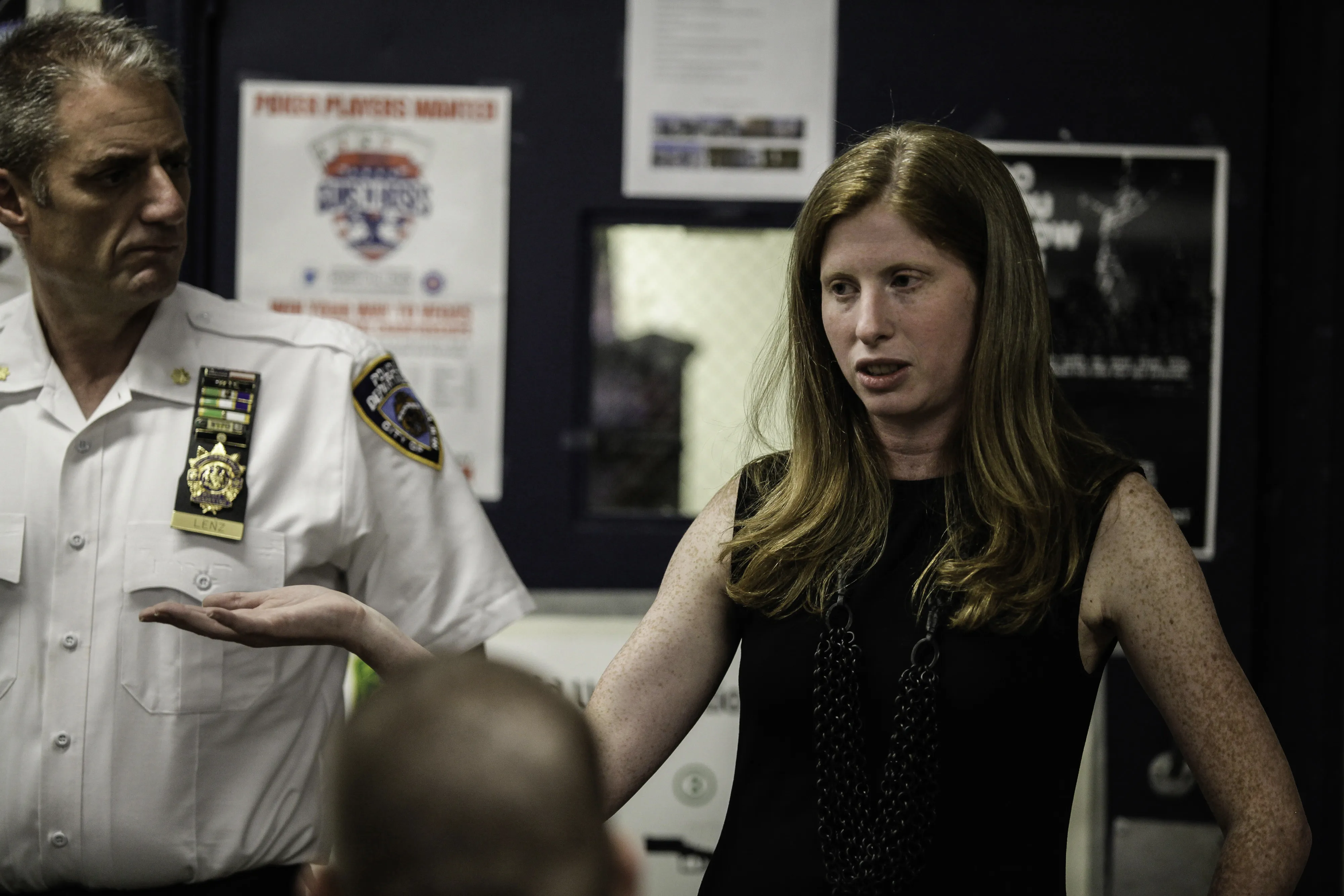Jessica Tisch, information technology deputy for the New York Police Department (NYPD), right, speaks to officers in Brooklyn in 2015. 