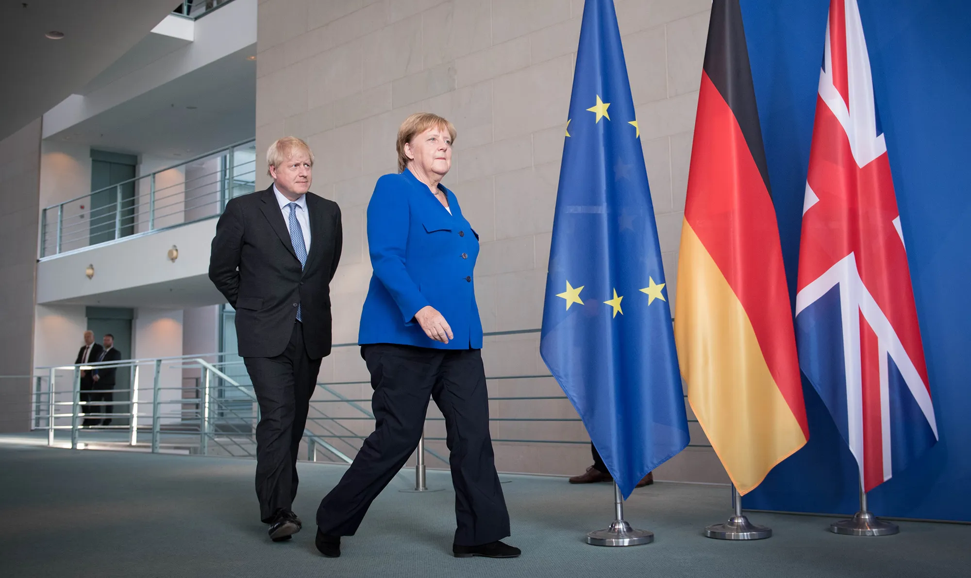 Boris Johnson and&nbsp;Angela Merkel in Berlin on Aug. 21, 2019.&nbsp;