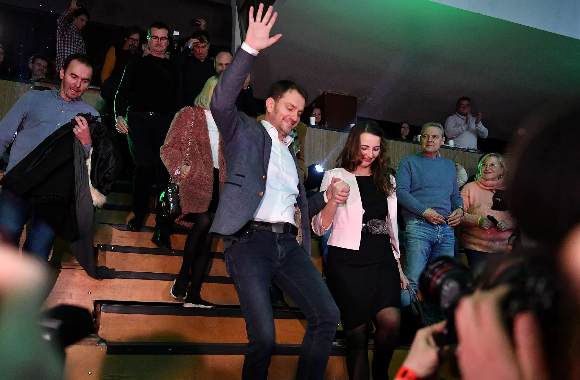 Igor Matovic waves to supporters during the parliamentary election in Trnava, Slovakia on Feb. 29.