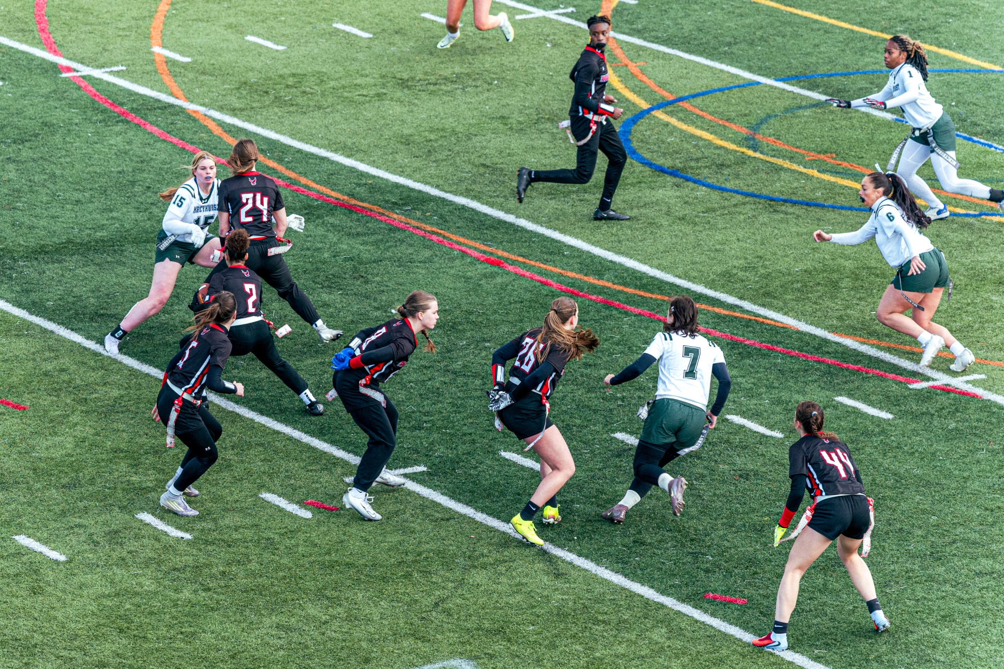 Mercyhurst University’s women’s flag football team takes on Roberts Wesleyan University at the school’s stadium in in Erie, Pennsylvania. 