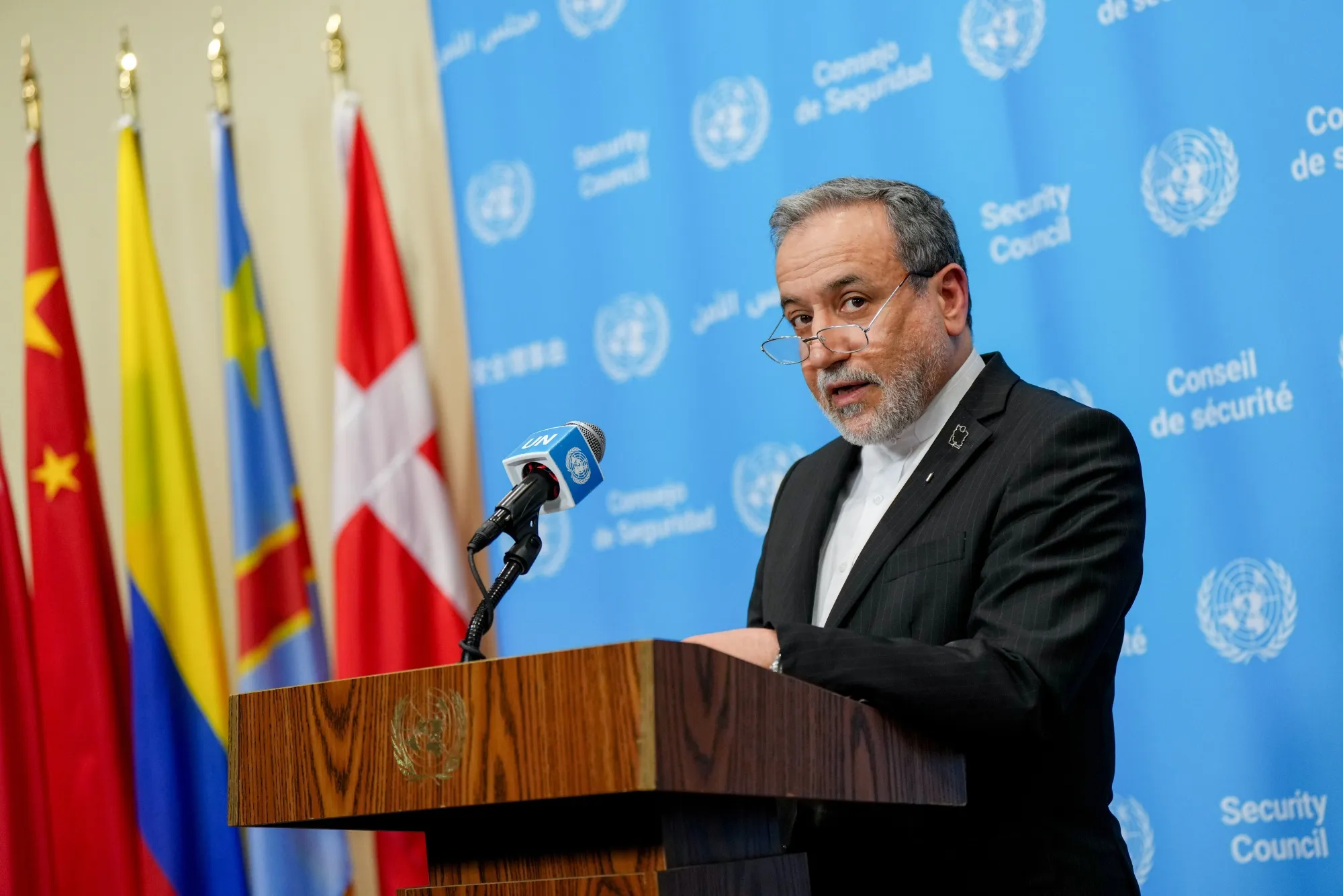 Abbas Araghchi during a news conference at UNGA in New York.