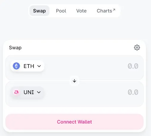 The trading screen for the popular decentralized crypto exchange Uniswap. Uniswap