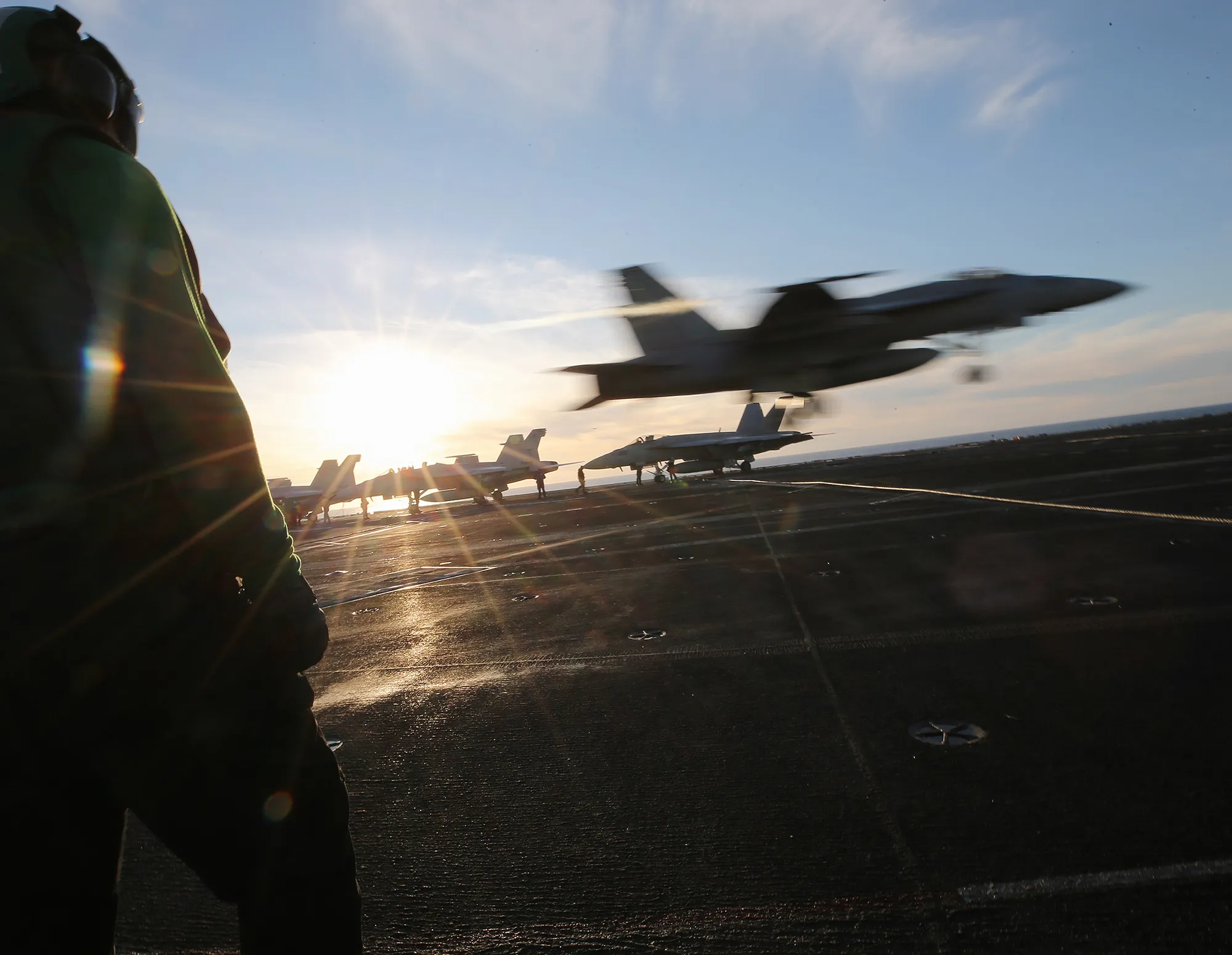 Operations on the flight deck aboard an aircraft carrier&nbsp;off the coast of Baja California, Mexico.&nbsp;