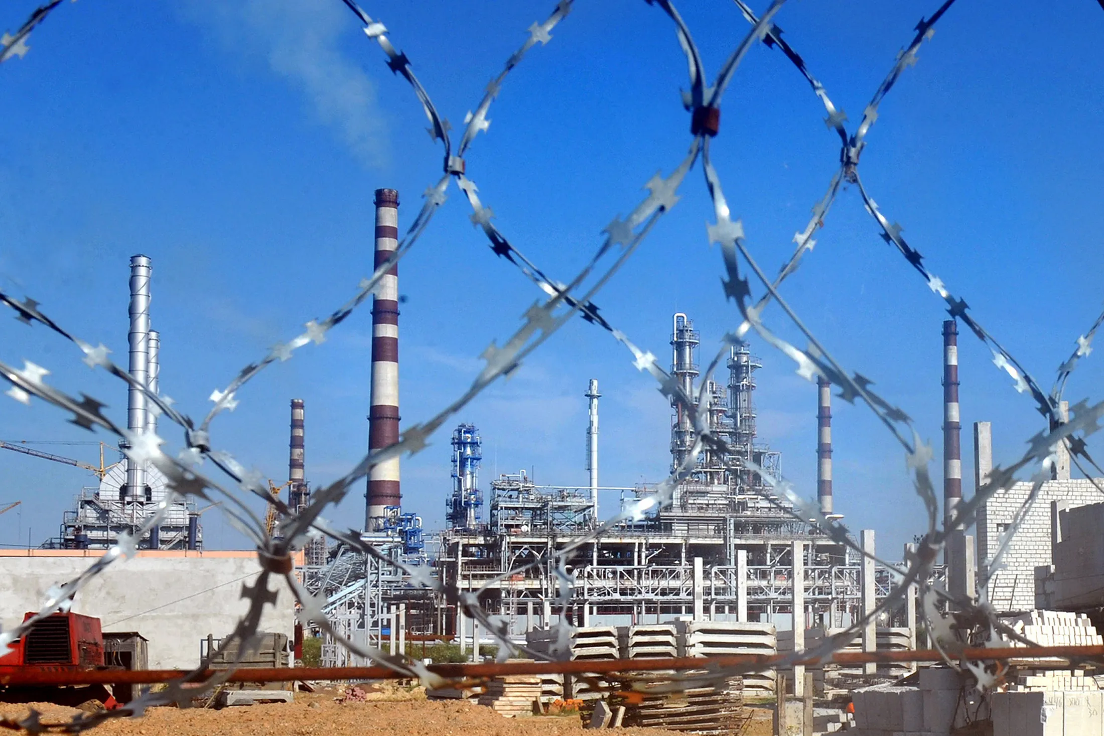 Razor wire at the Mozyr oil refinery in Mozyr, Belarus.