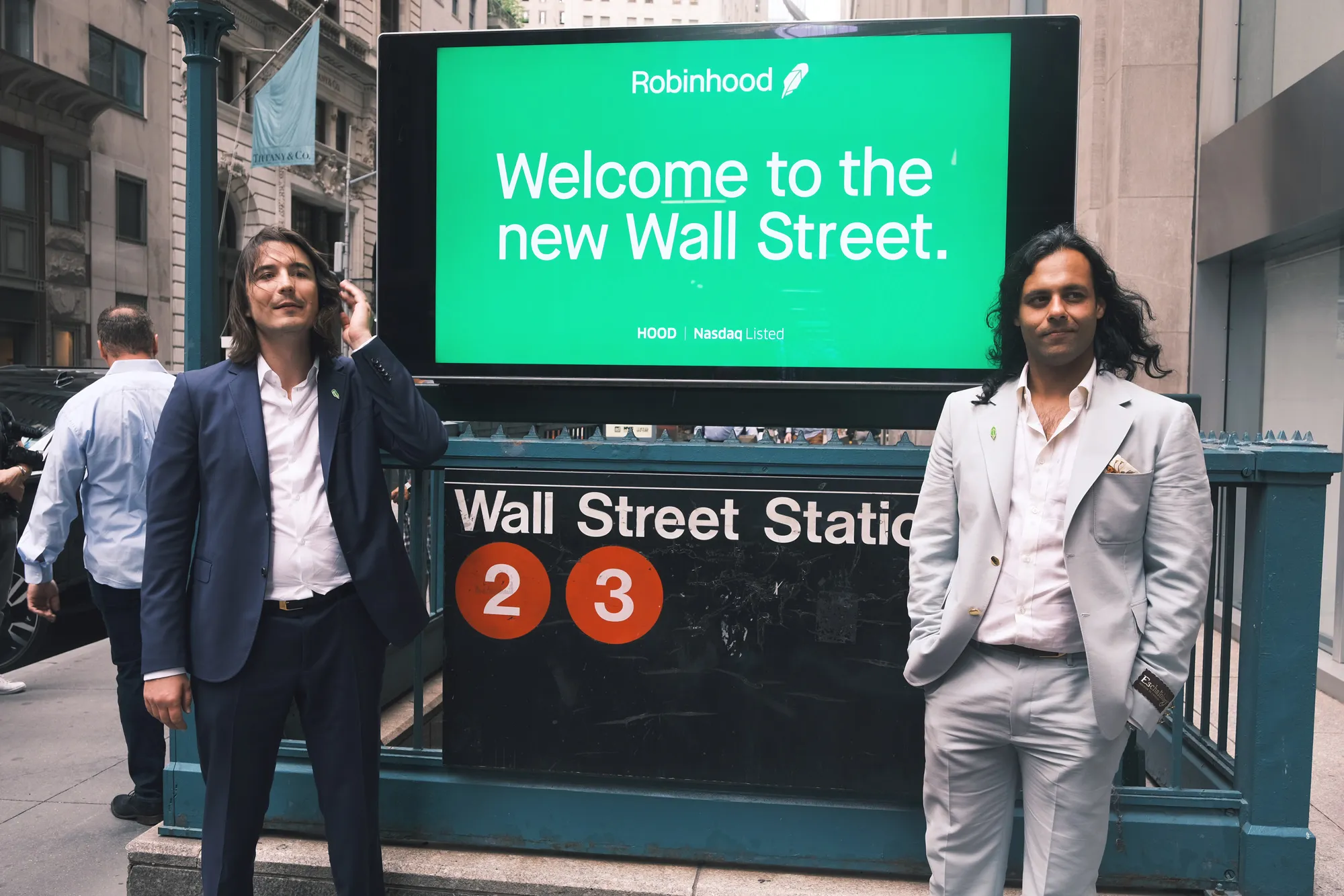 Robinhood founders Baiju Bhatt, right, and Vlad Tenev in New York on July 29.