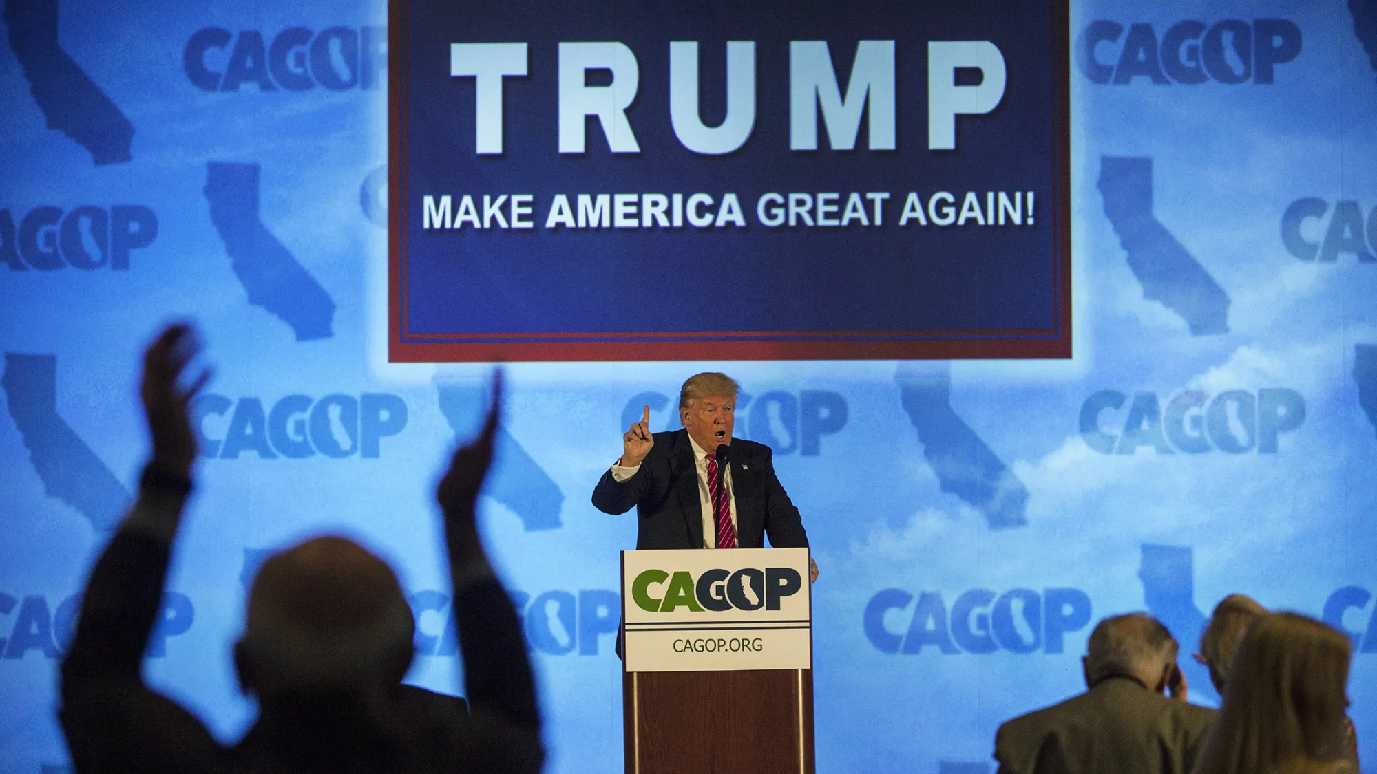 Republican presidential candidate Donald Trump addresses the California Republican Party Convention on April 29, 2016, in Burlingame, California.
