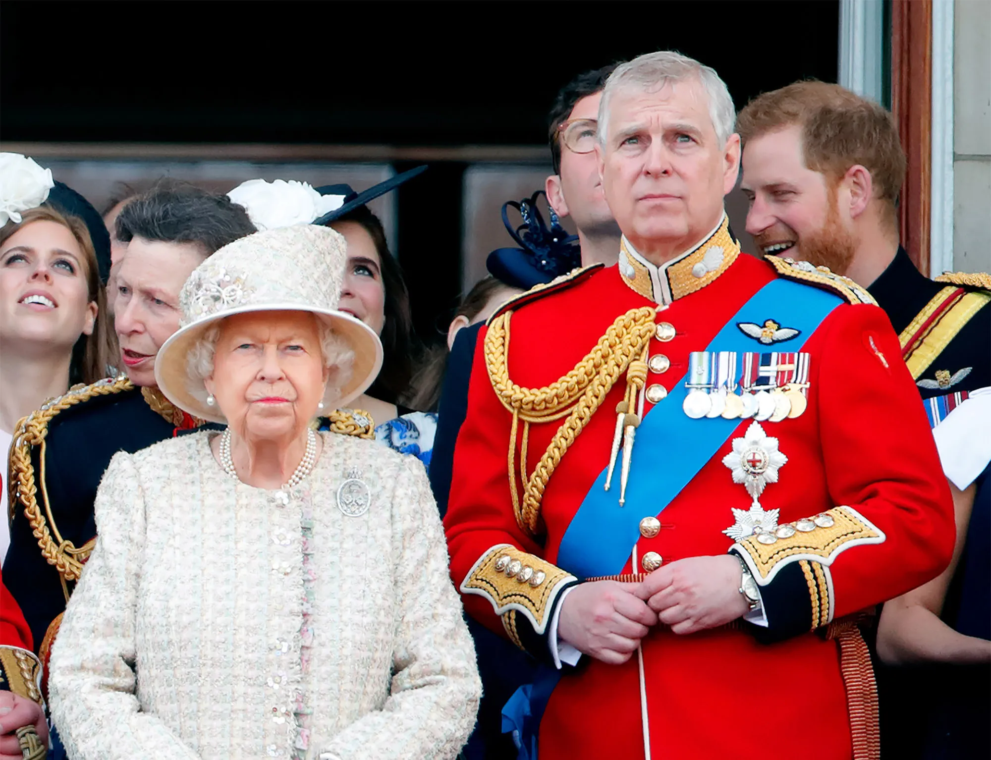 Queen Elizabeth II and Prince Andrew, watch a flypast during Trooping The Colour in London, in 2019.
