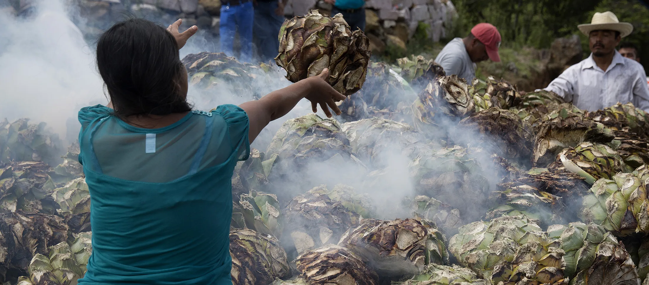 A worker throws an agave plant inside the fire pit to roast at the Mezcal Union production facility and distillery in the San Baltazar Guelavila region of Oaxaca, Mexico on Friday, Aug. 19, 2016.

