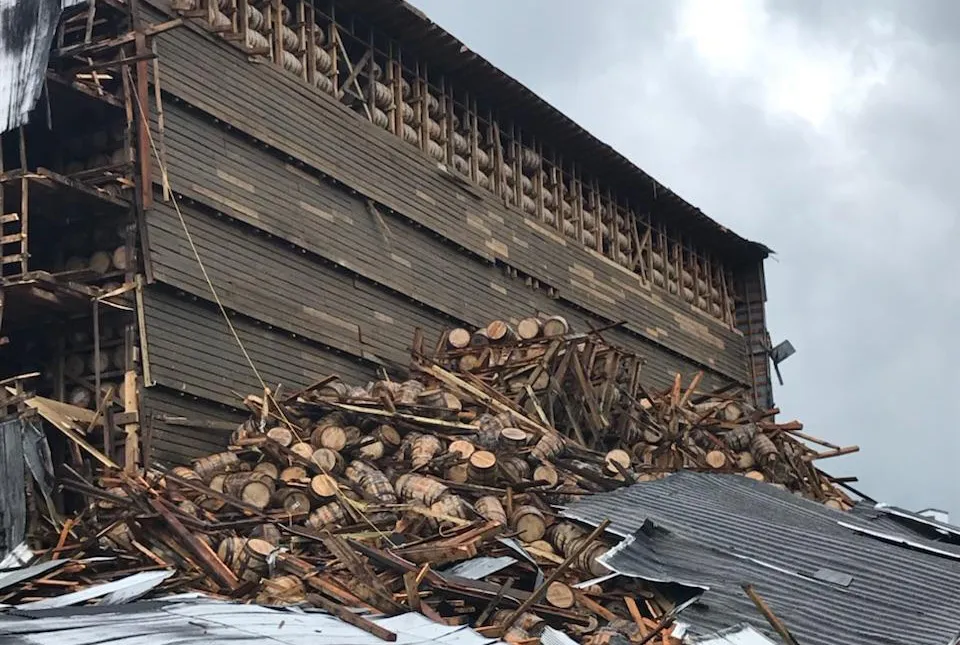 A section of a bourbon storage warehouse that has collapsed at the Barton 1792 Distillery in Bardstown, Kentucky, on&nbsp;June 22.