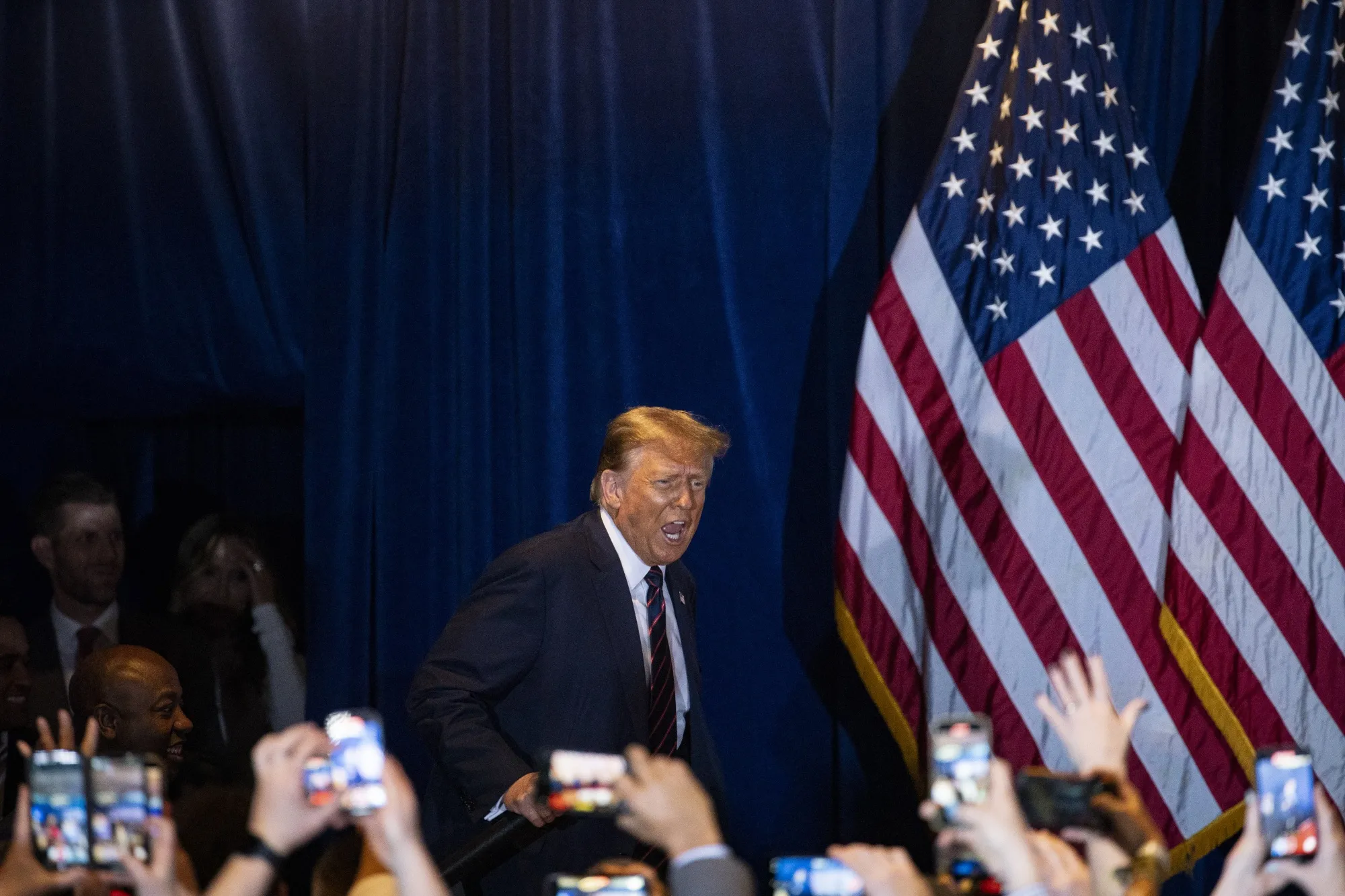Donald Trump arrives to a New Hampshire primary election night watch party in Nashua, US.
