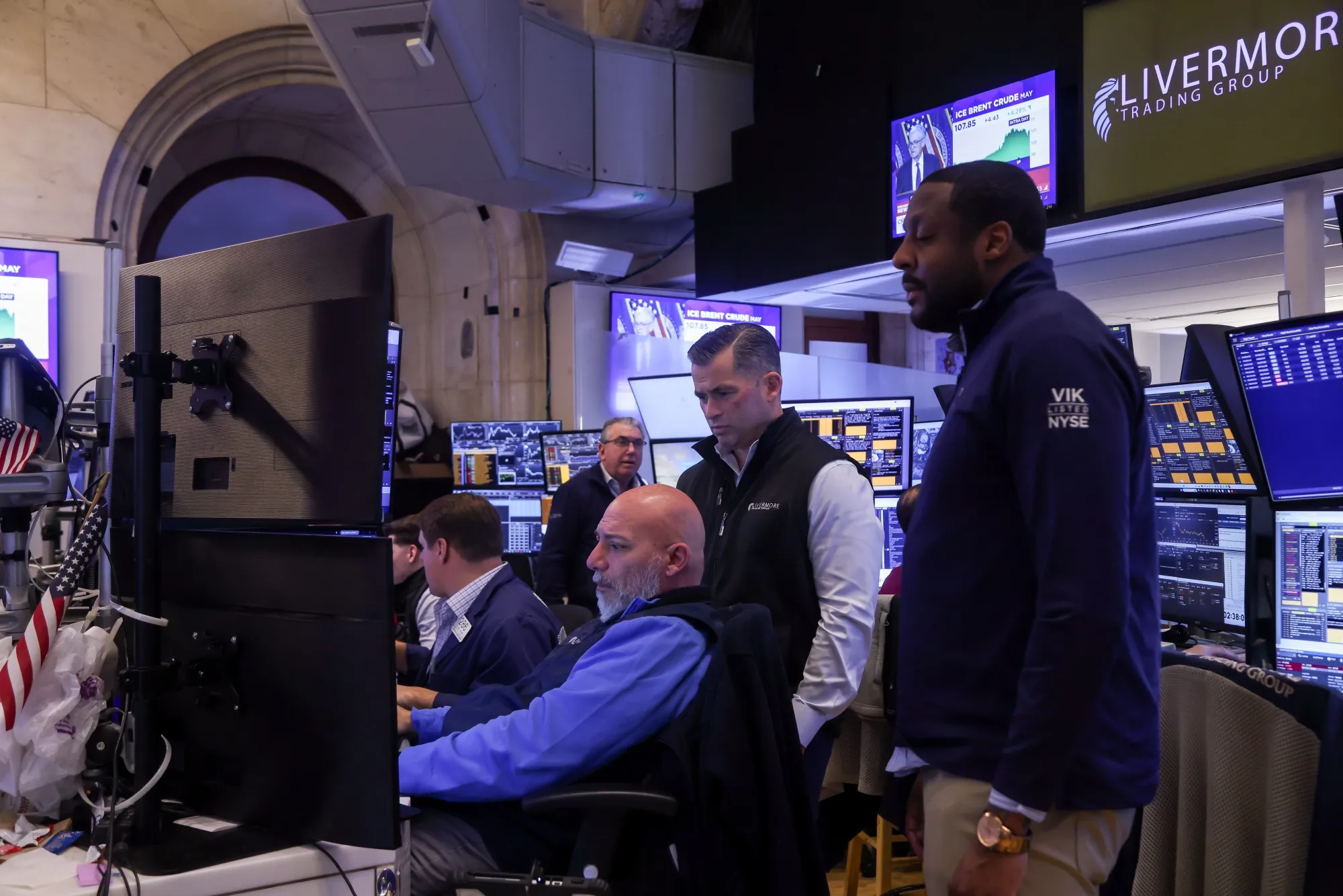 Traders work on the floor of the New York Stock Exchange.