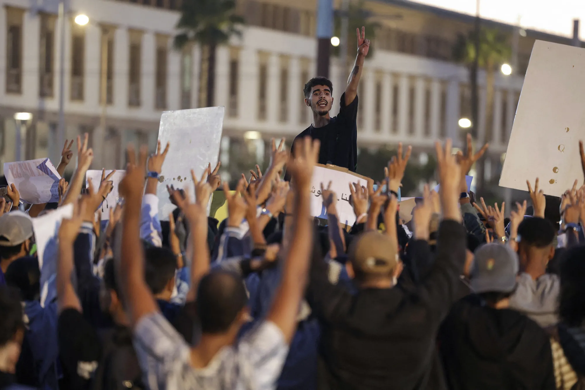 Demonstrators&nbsp;during a youth-led protest demanding reforms to public healthcare and education at Mohamed V square in Casablanca on Oct. 6.