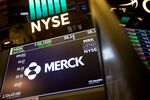 A monitor displays Merck & Co Inc. signage on the floor of the New York Stock Exchange (NYSE) in New York, U.S., on Monday, Dec. 11, 2017. U.S. stocks were higher after an�explosion rocked midtown Manhattan. The dollar fell and Treasuries rose.