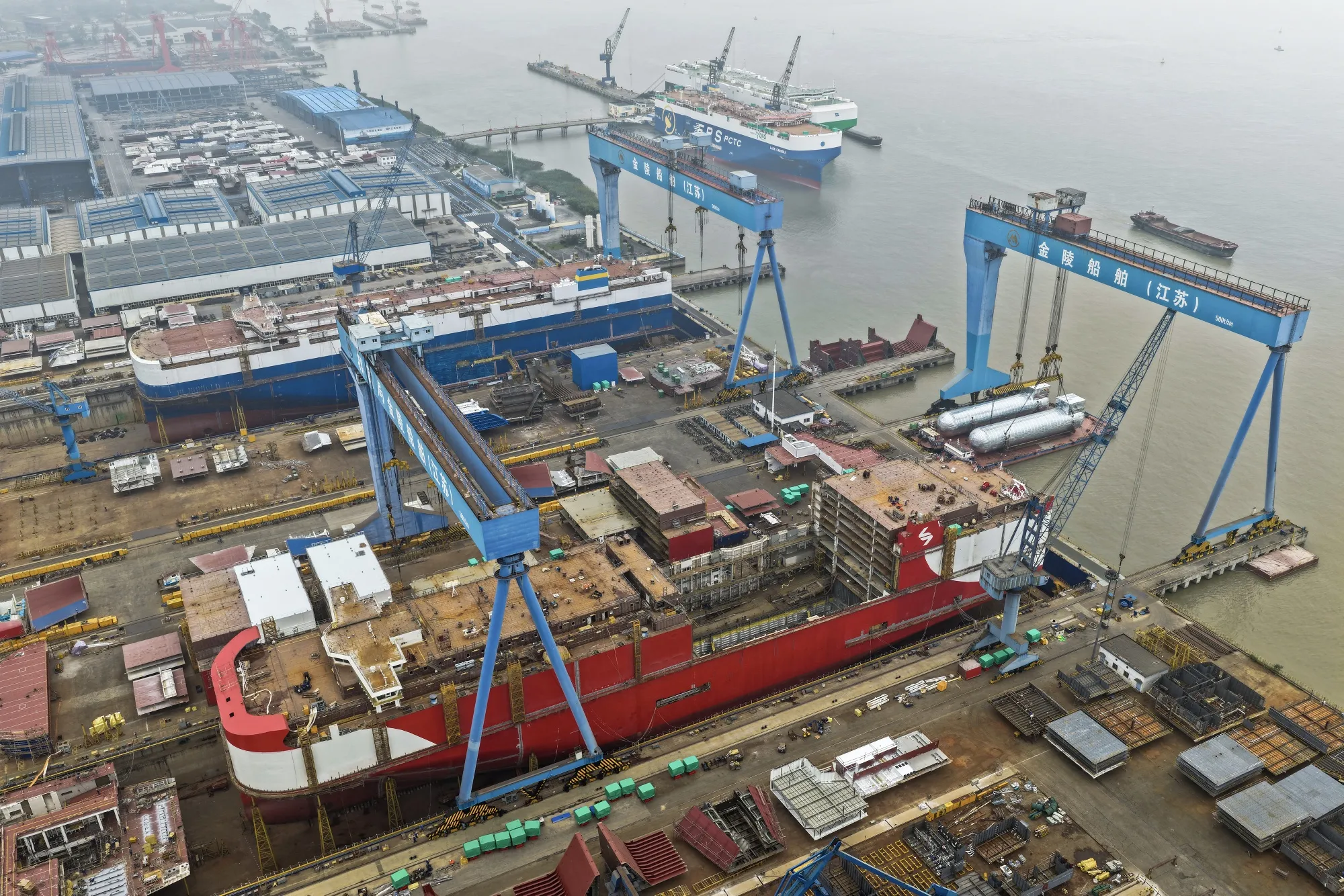 A shipbuilding facility along the Yangtze River in Jiangsu province.