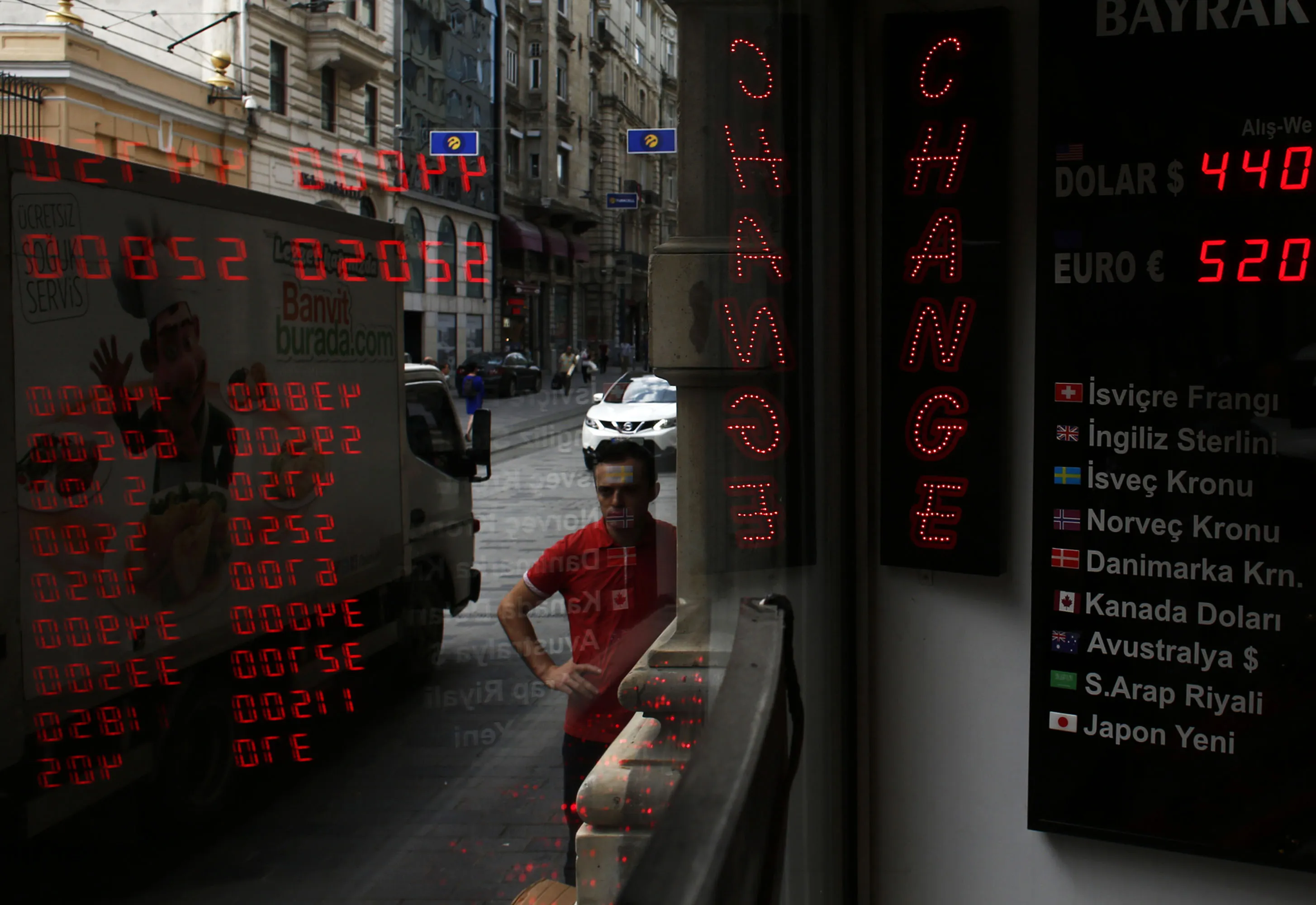 Turkish lira foreign exchange rates at a currency bureau in Istanbul.