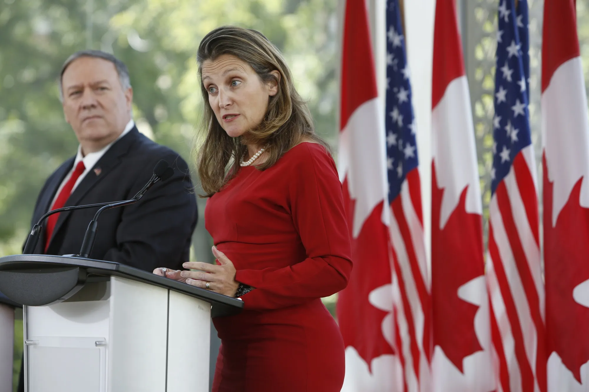 Chrystia Freeland and Mike Pompeo hold a joint press conference in Ottawa on Aug. 22, 2019.