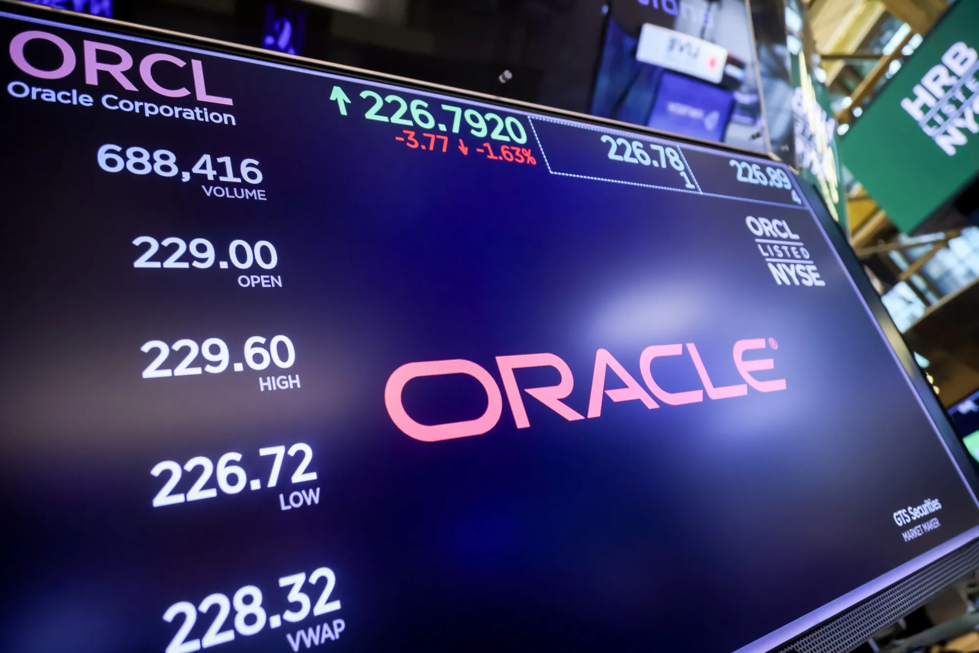 Oracle Corp. signage on the floor of the New York Stock Exchange.