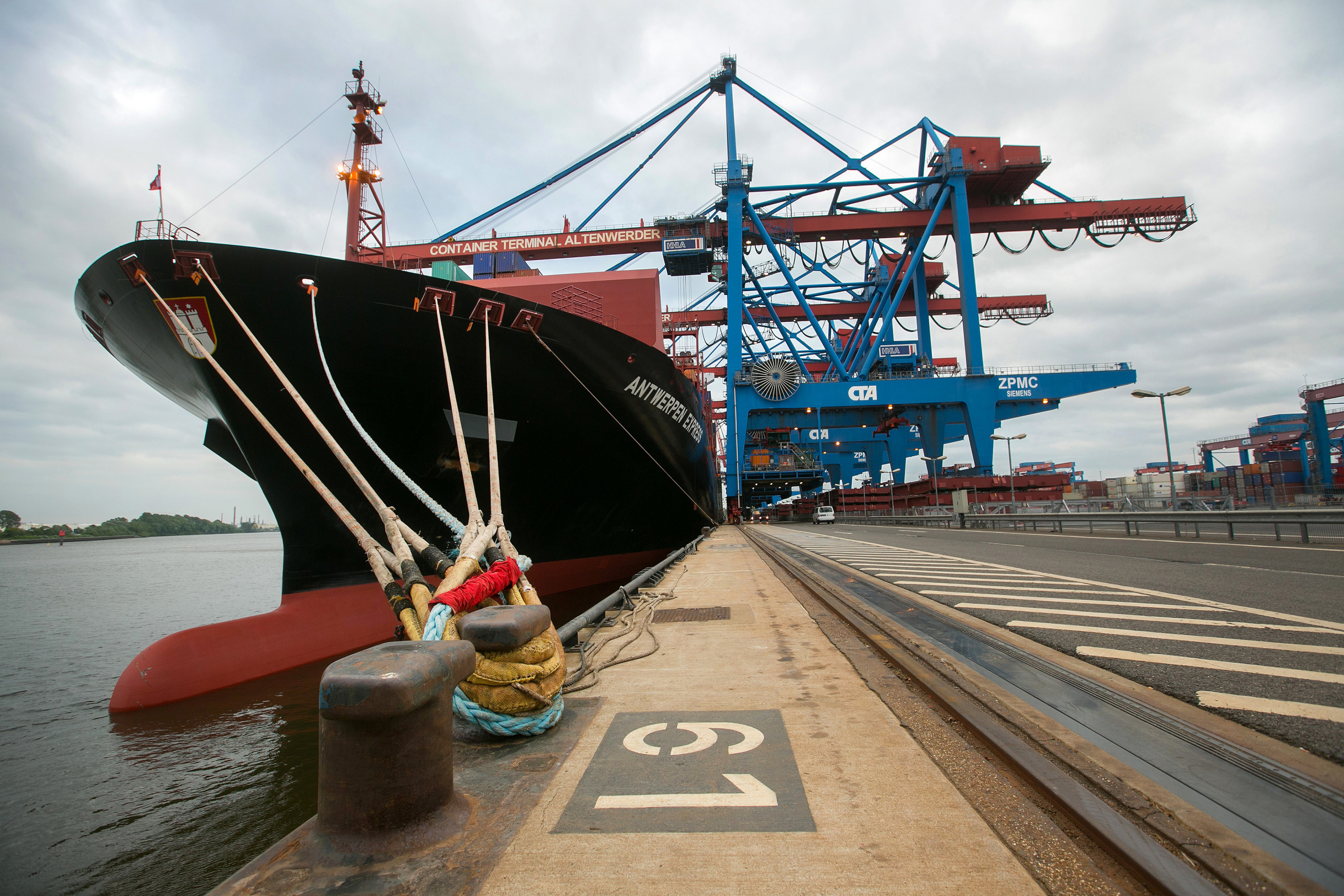 A panamax container ship at Hamburg port.