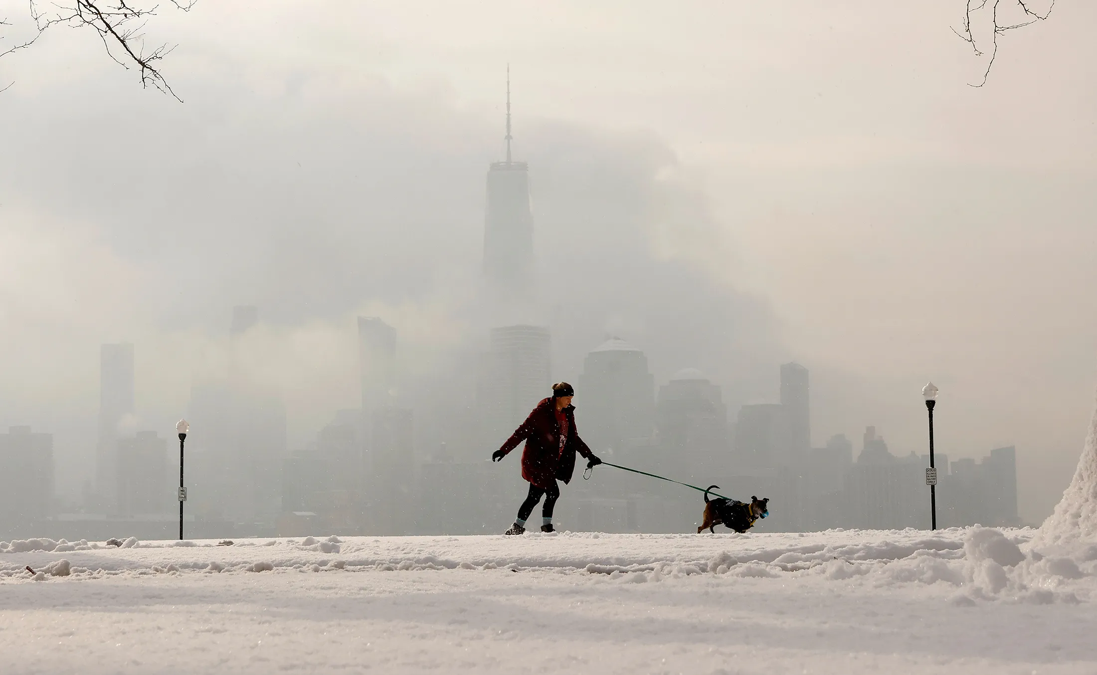A resident walks a dog through a snow-covered park across the river from&nbsp;the lower Manhattan skyline, in Hoboken, New Jersey, on Saturday.