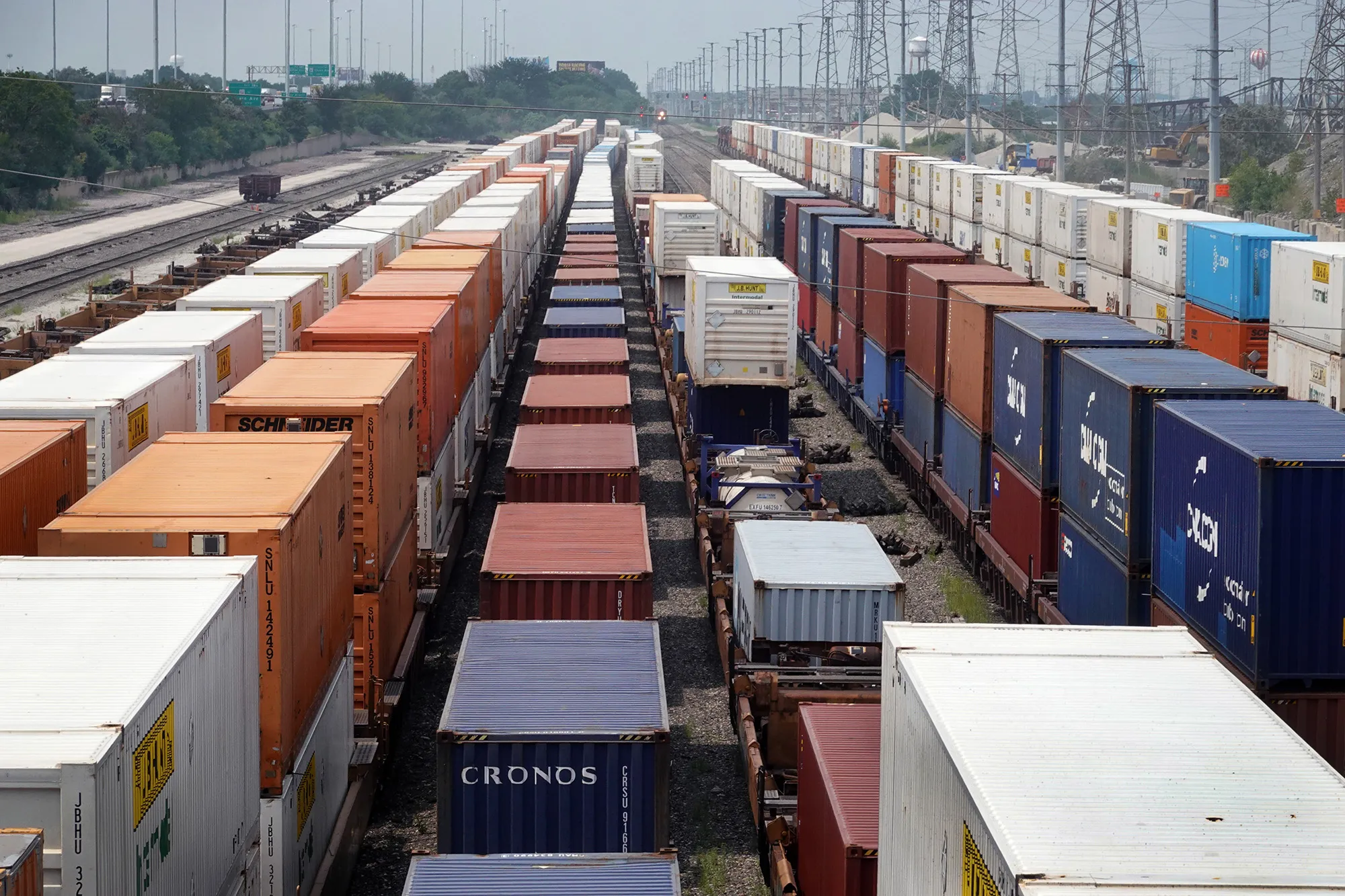 Shipping containers sit in a rail yard&nbsp;in Chicago on July 28.&nbsp;