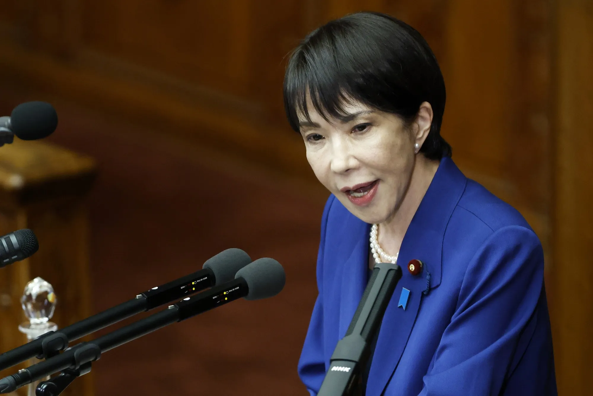 Sanae Takaichi delivers a policy speech on Oct. 24.