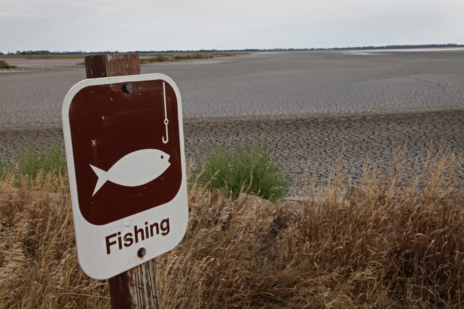 A fishing sign at one of the dry pools at the Quivira National Wildlife Refuge in Hudson, Kansas.