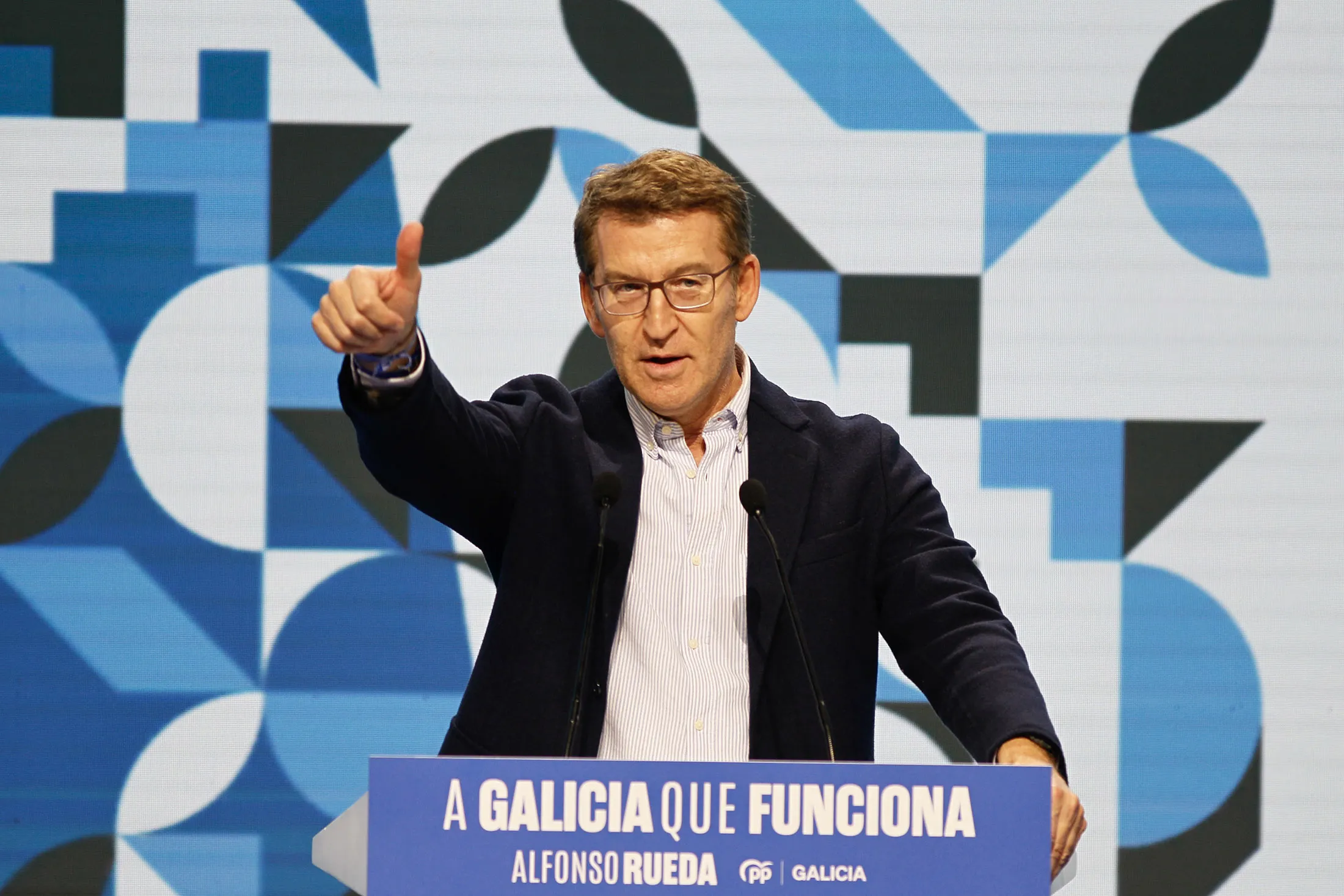 Alberto Nuñez Feijoo speaks during the closing of the PP election campaign in Santiago de Compostela, Spain,&nbsp;on&nbsp;Feb. 16.