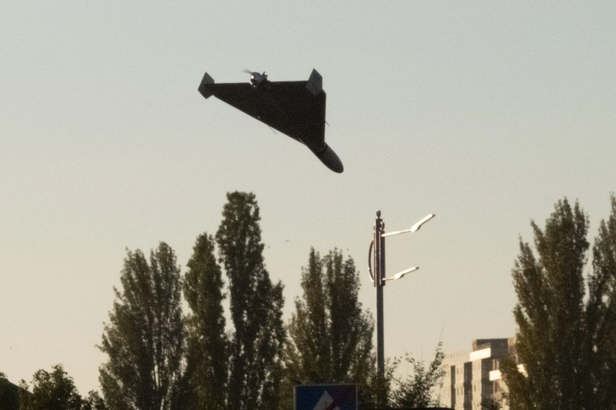 A drone approaches for an attack in Kyiv on Oct.&nbsp;17.