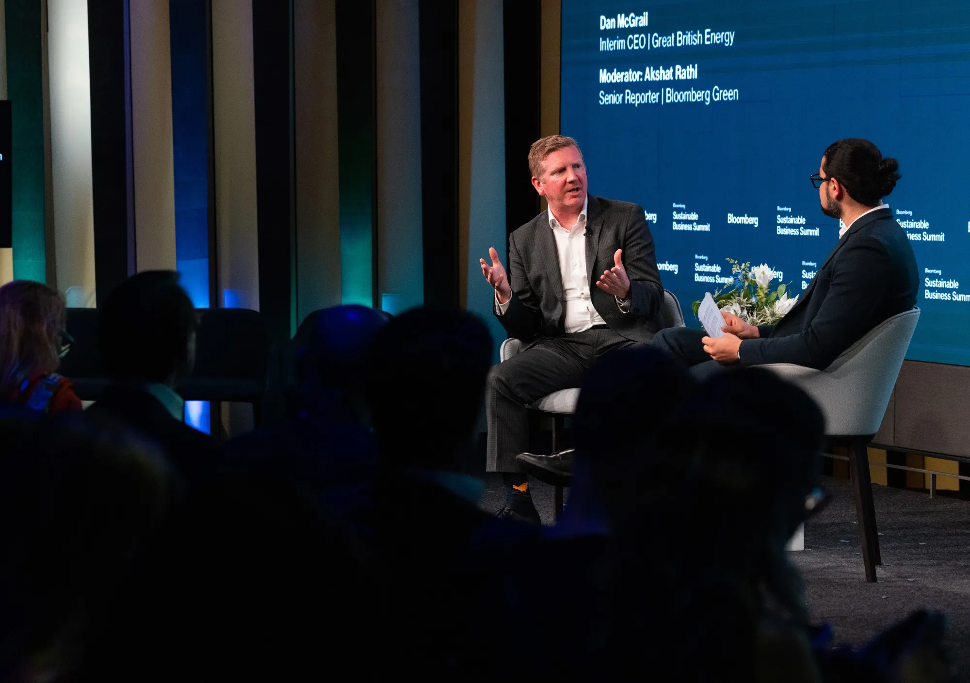 Dan McGrail, left, speaks to Akshat Rathi at the Bloomberg Sustainable Business Summit in London.