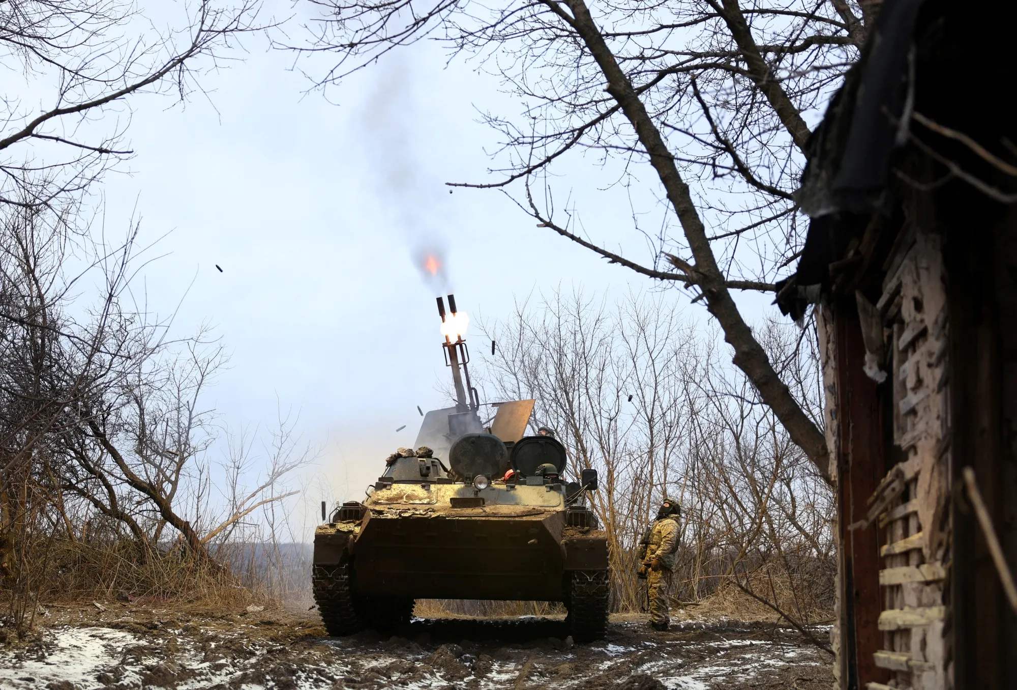 Ukrainian anti-aircraft gunners fire at enemy UAVs&nbsp;in the Donetsk region, Ukraine.