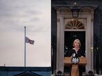 Left: The Union Jack flies at half-staff above Buckingham Palace in London on Sept. 8. Right: UK Prime Minister Liz Truss makes a statement outside No. 10 Downing St. after the death of Queen Elizabeth II.