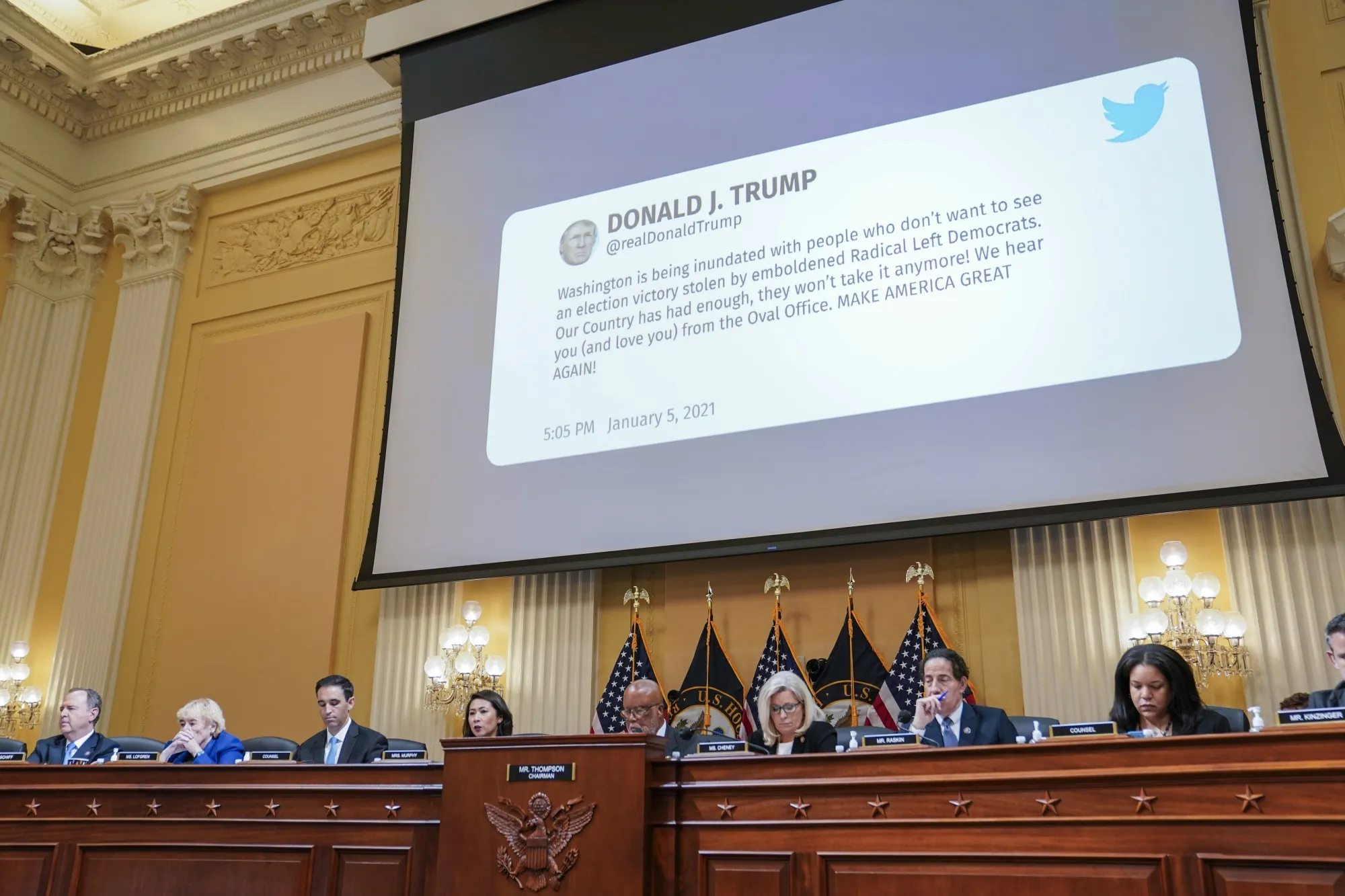 A Jan. 5 tweet from Donald Trump is shown as the House select committee holds a public hearing investigating the Jan. 6 attack on the U.S. Capitol.