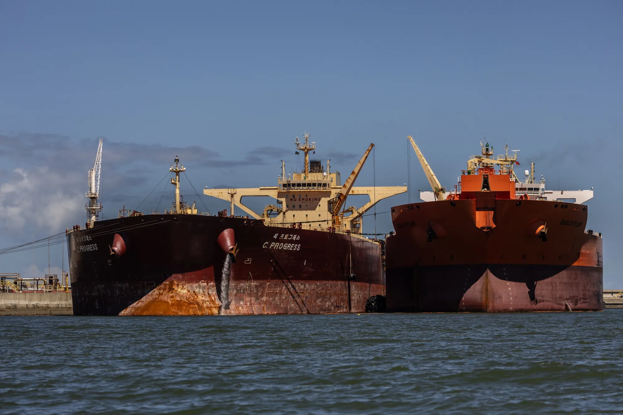 Tankers transhipping oil at the Port do Acu in&nbsp;Sao Joao Da Barra, Brazil.