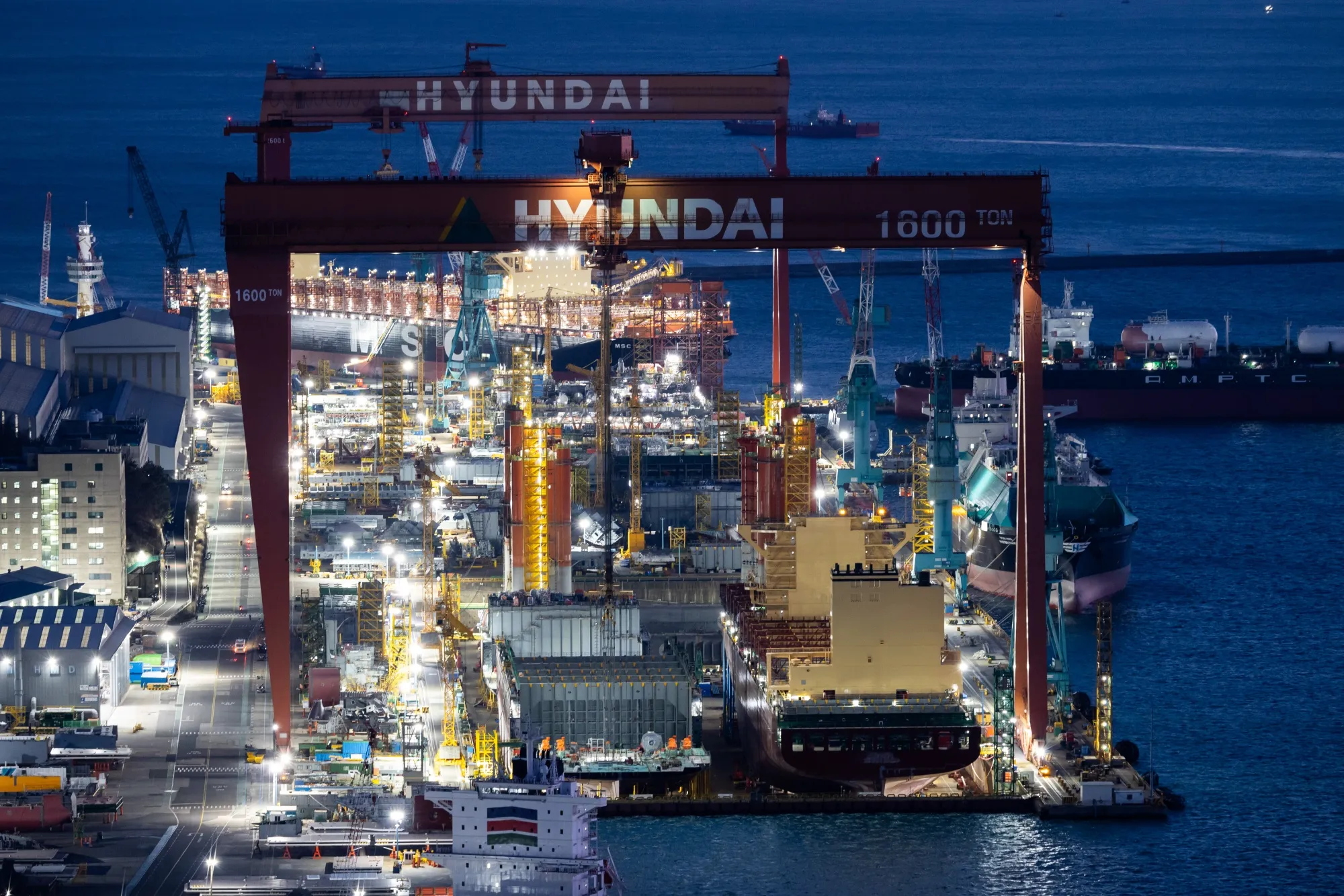 Ships under construction at a HD Hyundai Heavy Industries Co. shipyard&nbsp;in Ulsan, South Korea.