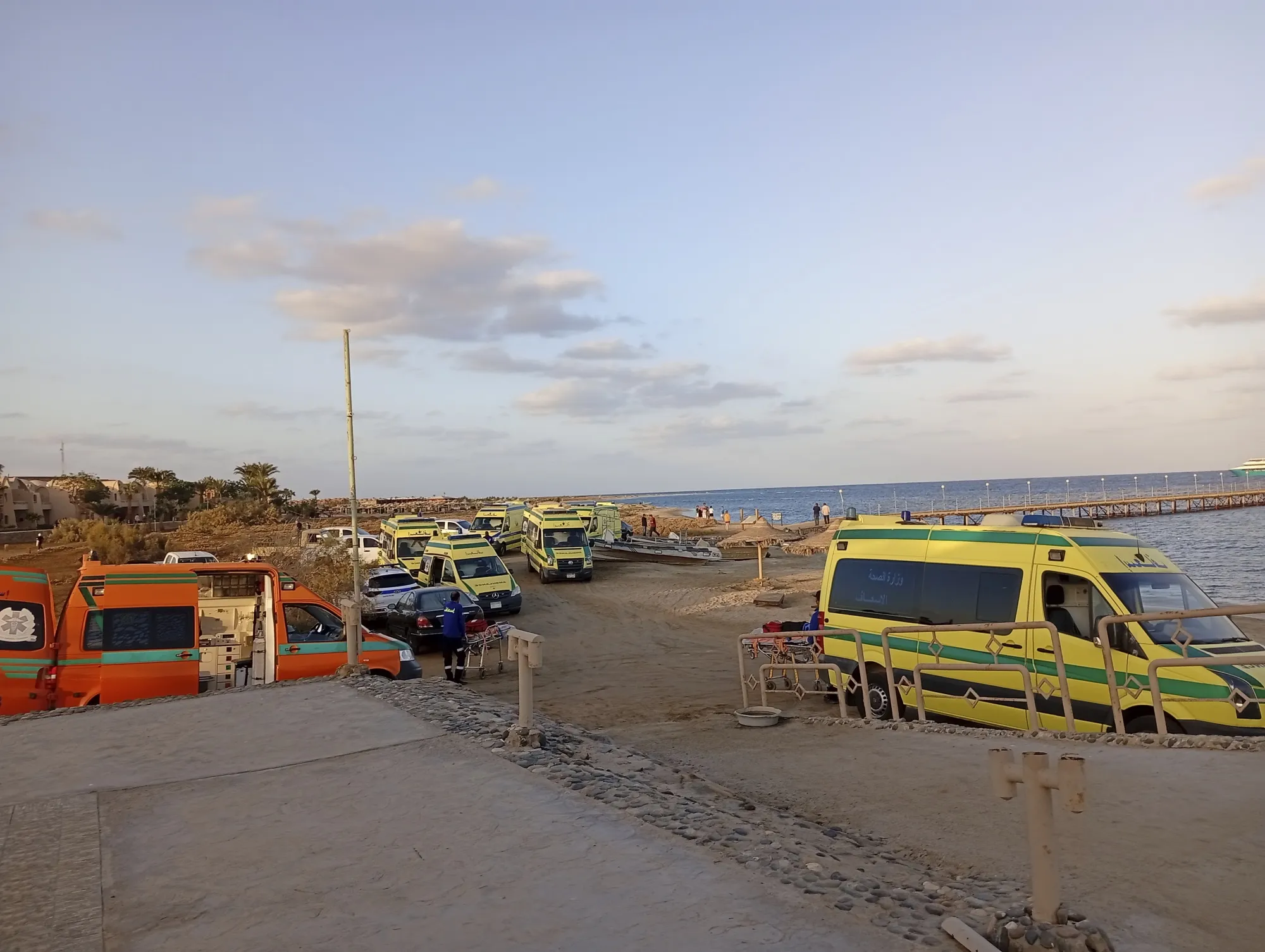 Ambulances wait at a harbor in Marsa Allam, Egypt, on Nov. 25.
