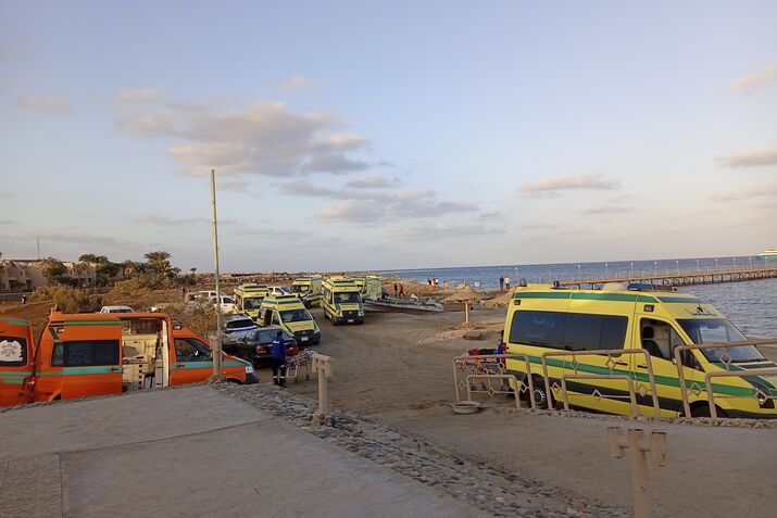 Ambulances wait at a harbor in Marsa Allam, Egypt, on Nov. 25.