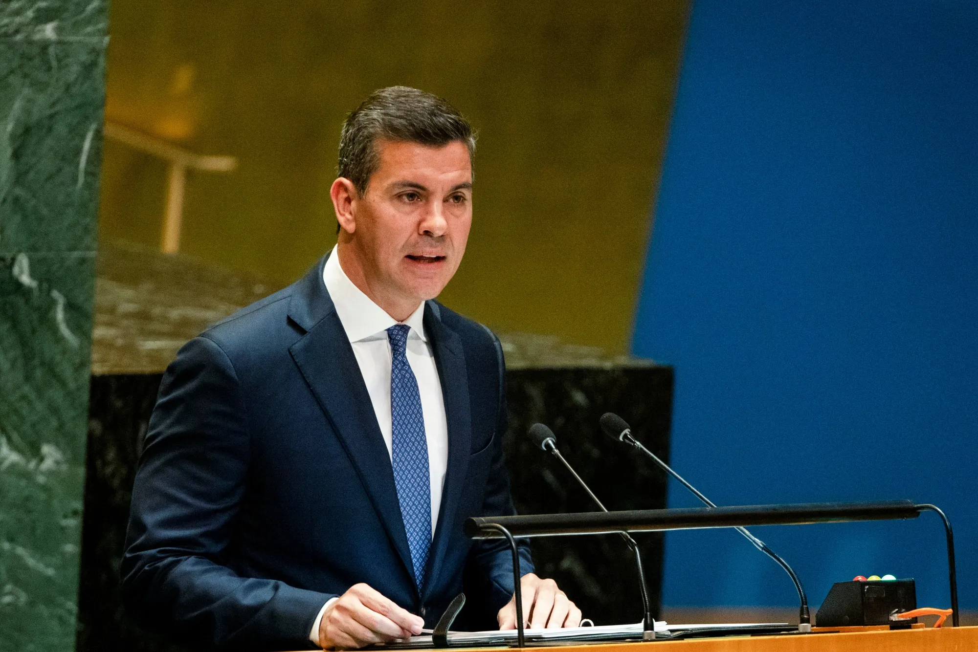 Paraguay President Santiago Pena speaks during the United Nations General Assembly in New York on Sept. 24, 2024.