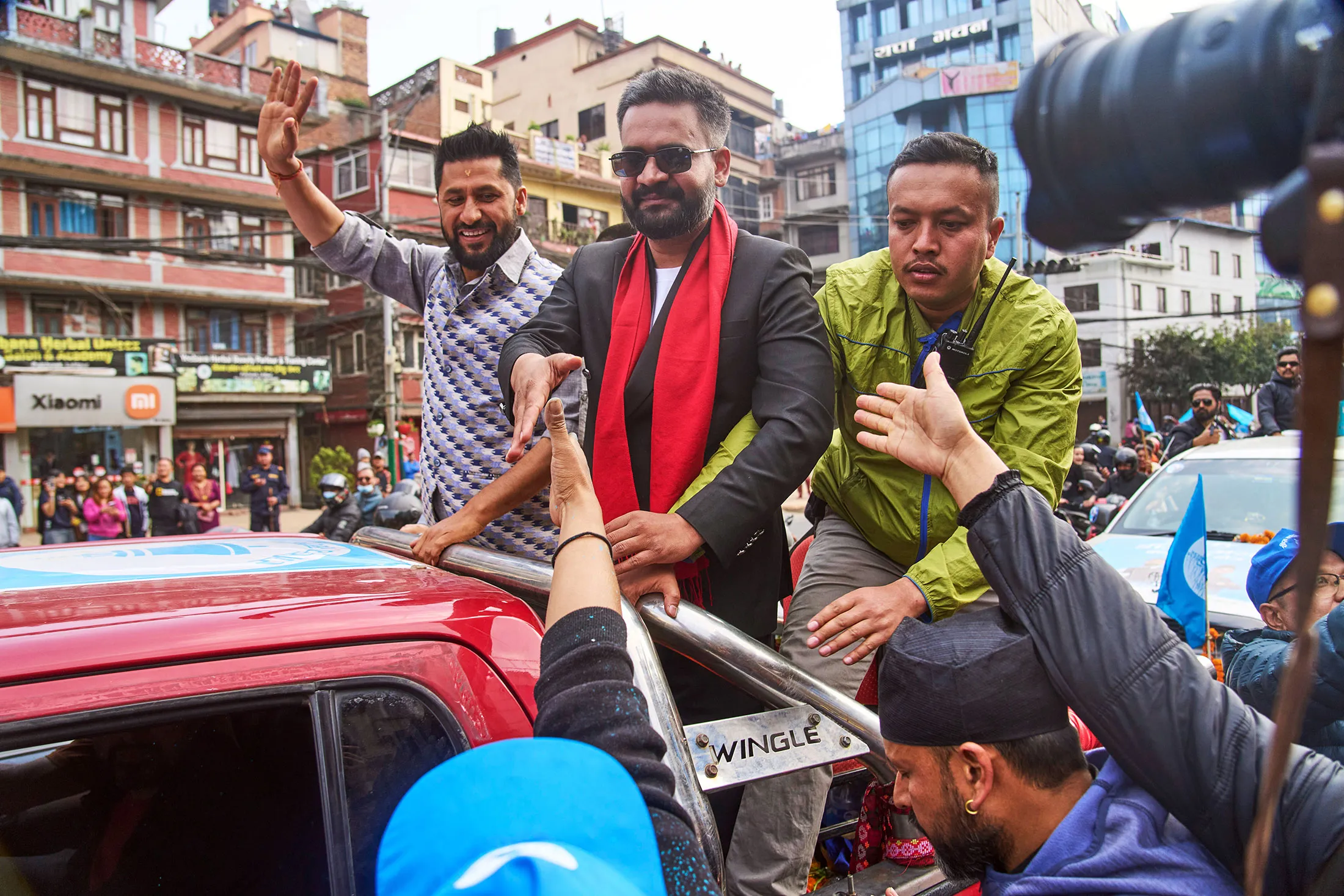 Balendra Shah, center, in Lalitpur, Nepal&nbsp;on Feb. 28.&nbsp;